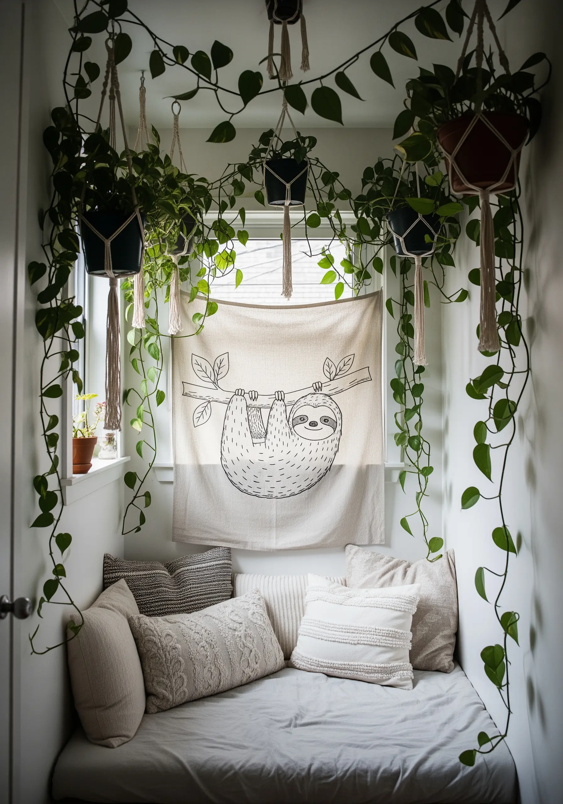 A simple line drawing of a sloth embroidered on a large fabric banner, hanging in a cozy nook with plants.