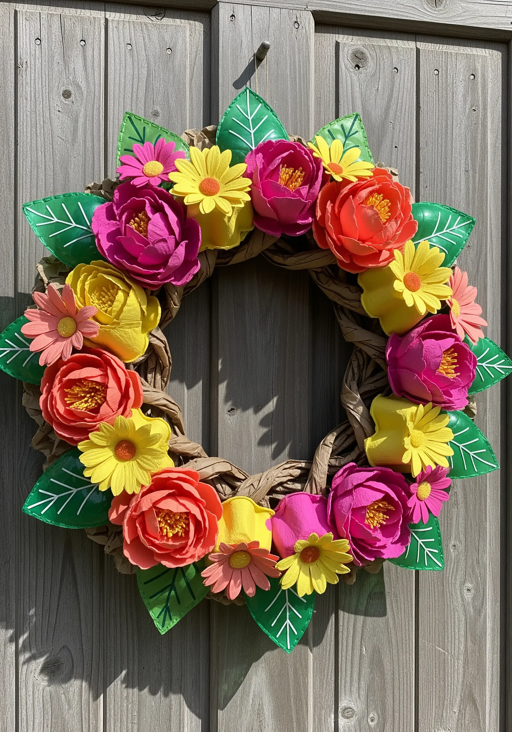 A colorful wreath made of paper flowers and leaves detailed with white stitched veins.