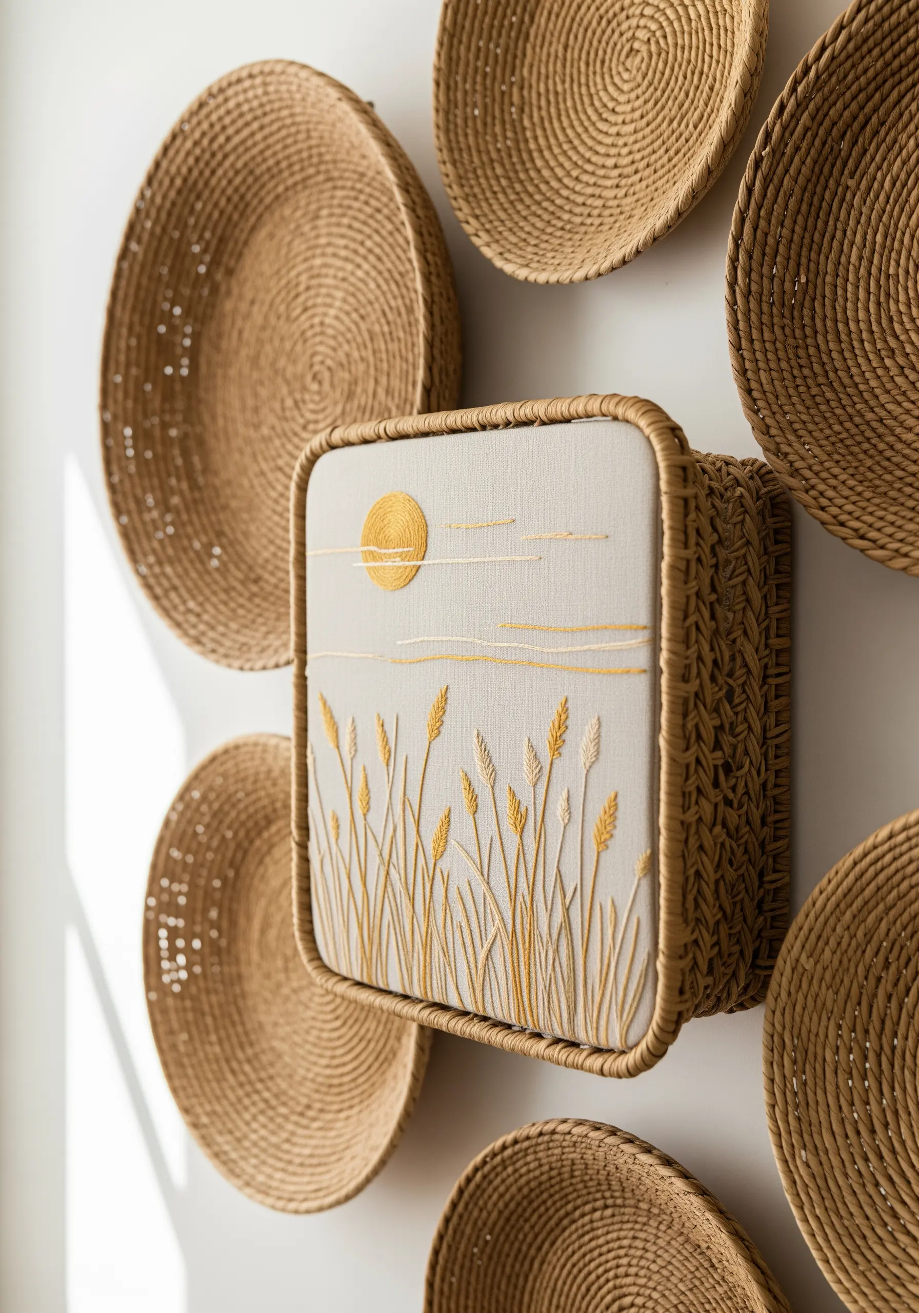 An embroidered landscape of a wheat field, presented in a square frame wrapped in rattan.