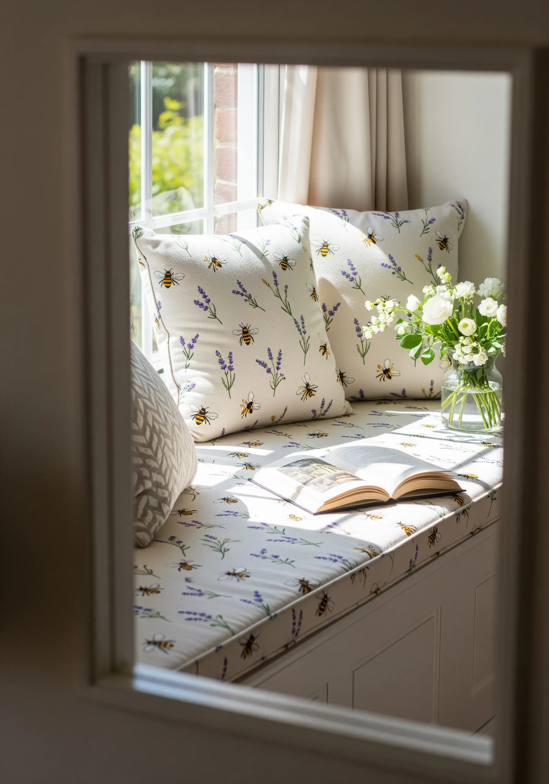 Cushions on a window seat made from fabric printed with bees and lavender.