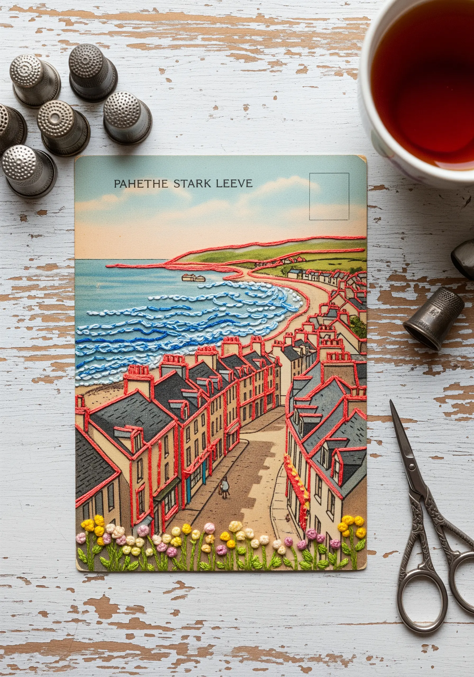 Vintage postcard of a seaside town with hand-embroidered details on buildings and flowers.