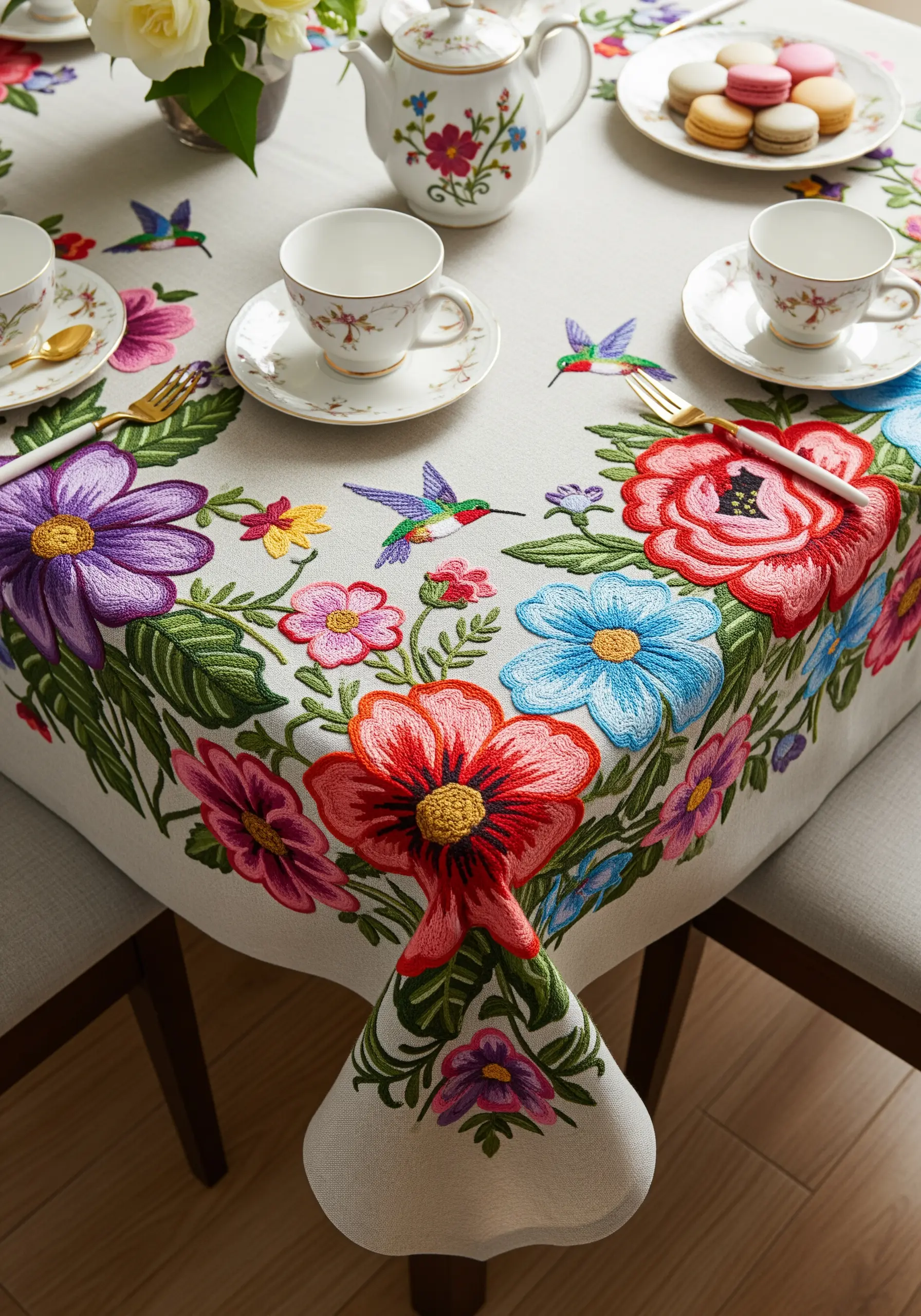 A white tablecloth with a vibrant, large-scale embroidered border of colorful flowers and hummingbirds.