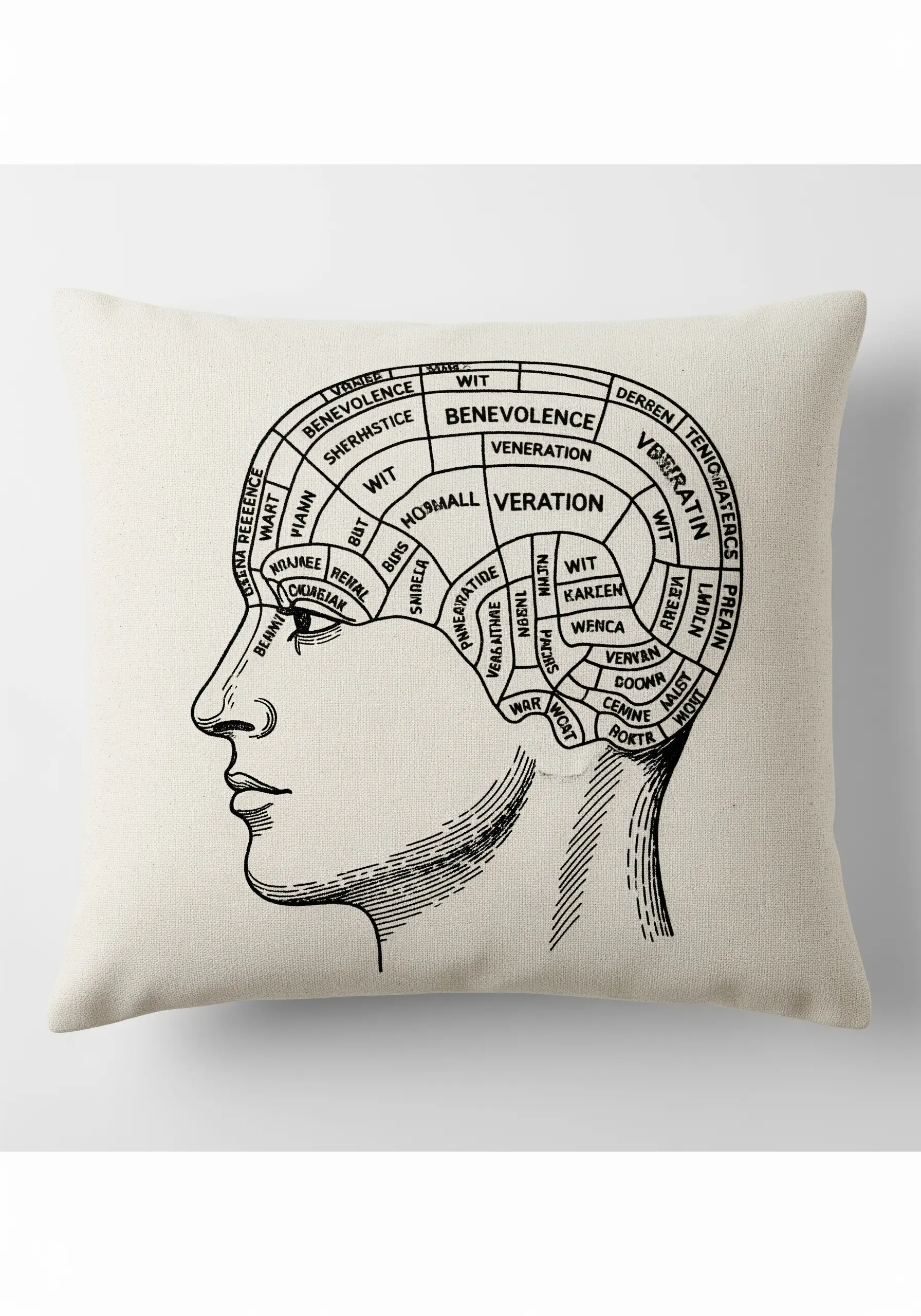A phrenology head diagram with sections labeled with text, all embroidered in black thread.