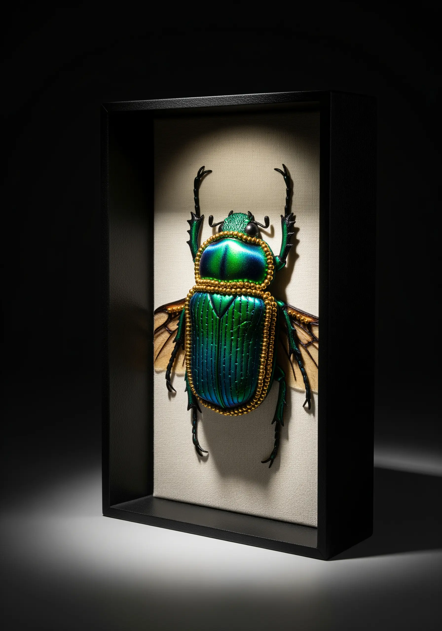 A realistic, 3D embroidered beetle with goldwork details in a shadow box.