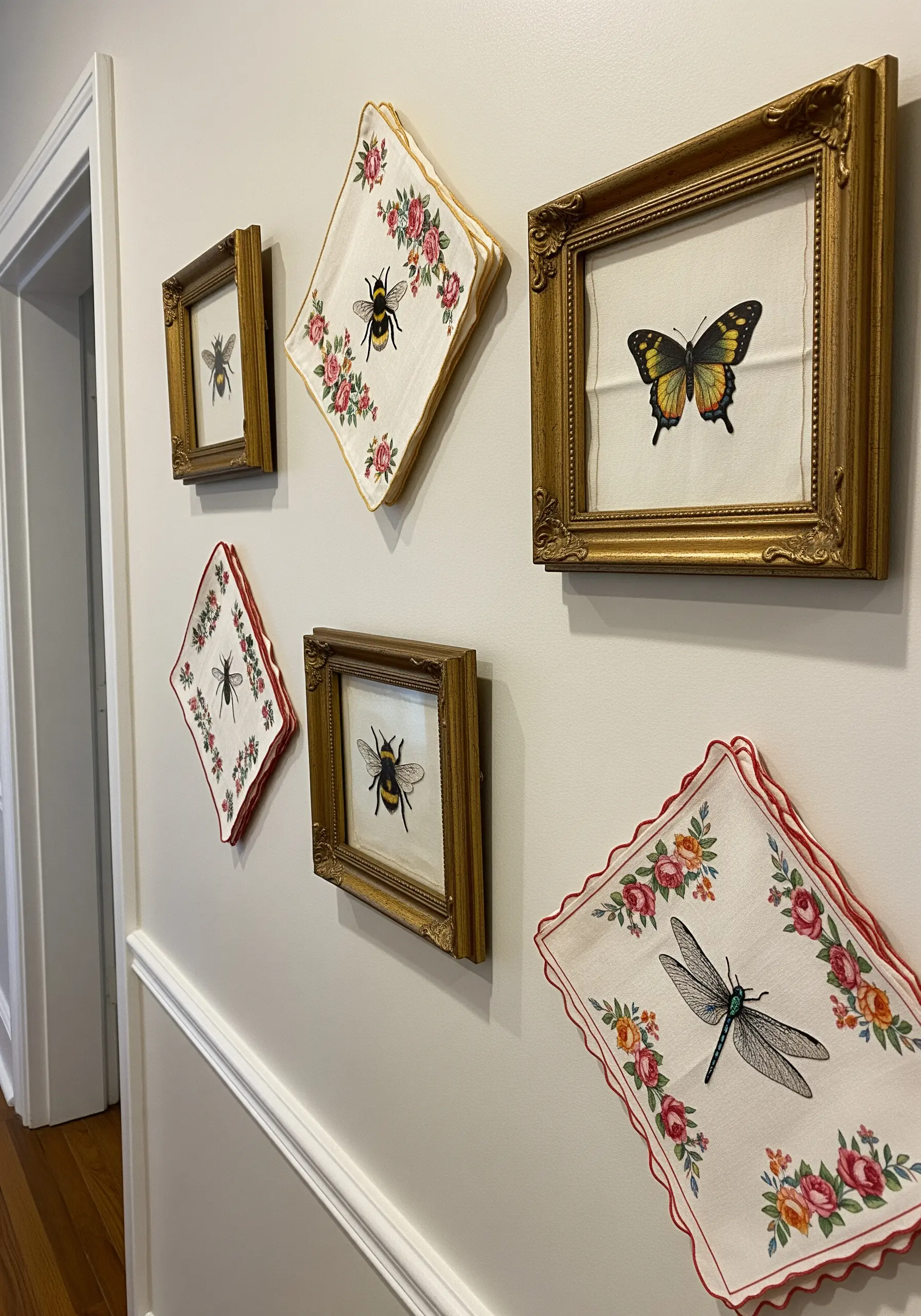 A gallery wall of vintage handkerchiefs embroidered with realistic bees, butterflies, and dragonflies.
