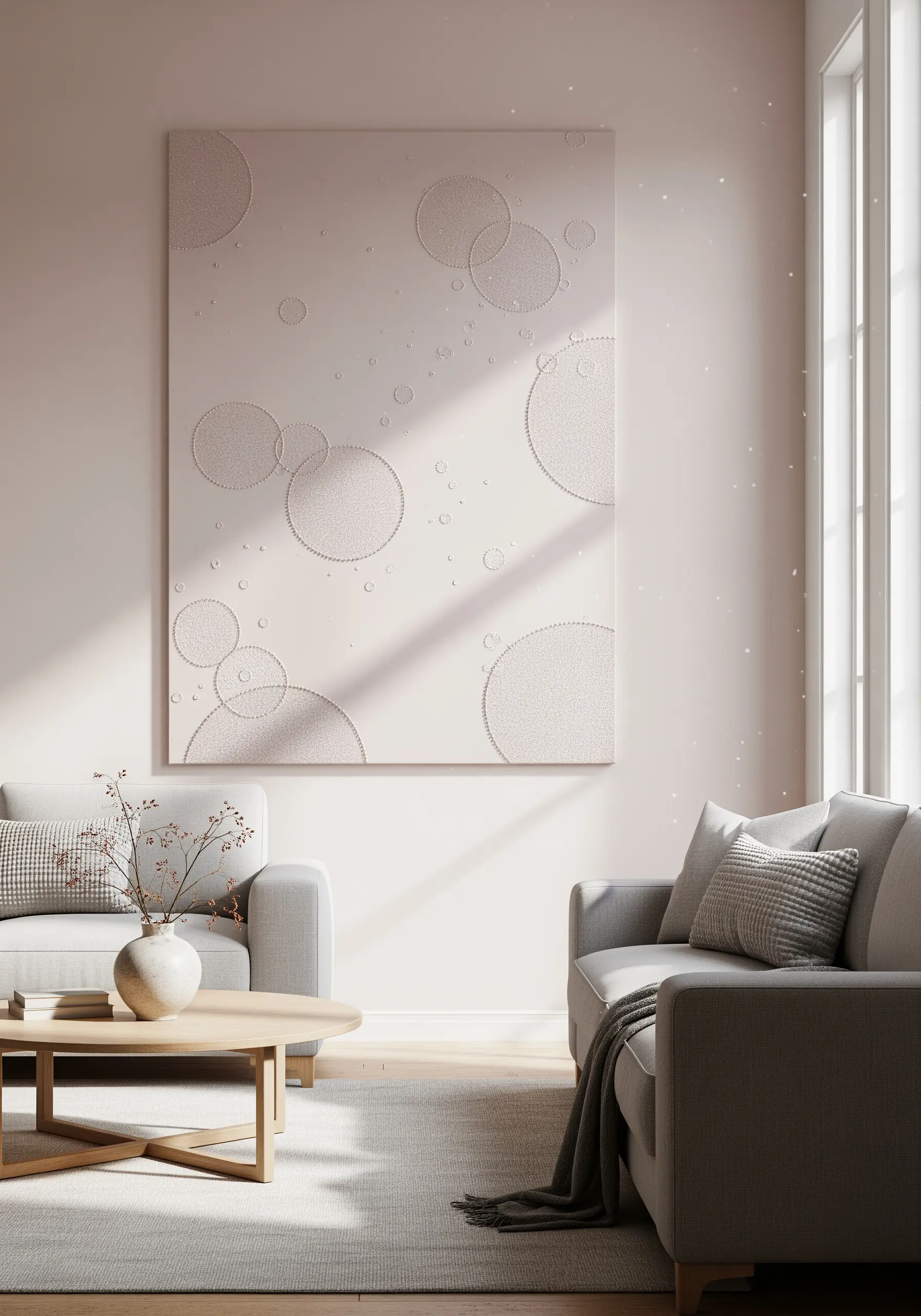 A large, pale pink tapestry with subtly embroidered circles filled with delicate seed stitches.