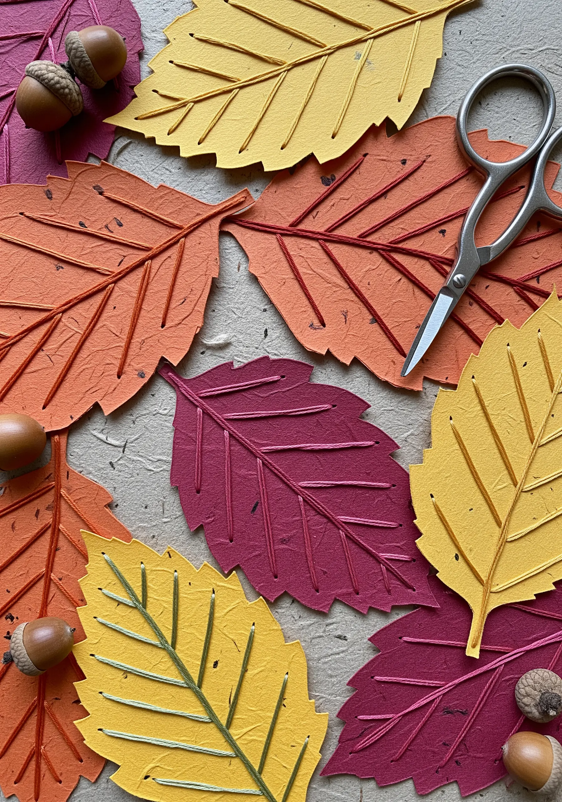 Autumn-colored paper leaves with hand-stitched veins in contrasting threads.