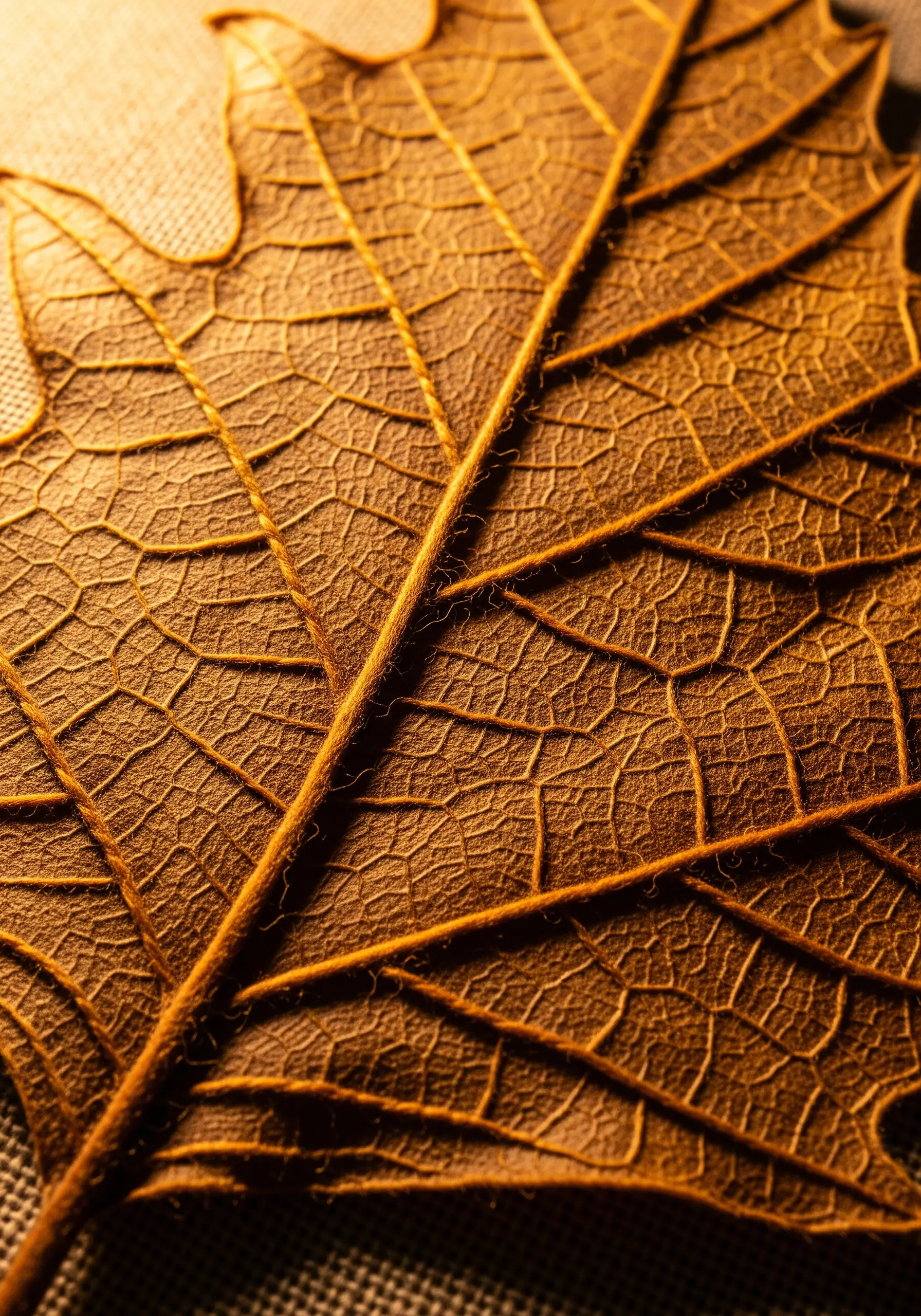 A dry leaf with fine, intricate veins on linen fabric, inspiring an embroidery style.