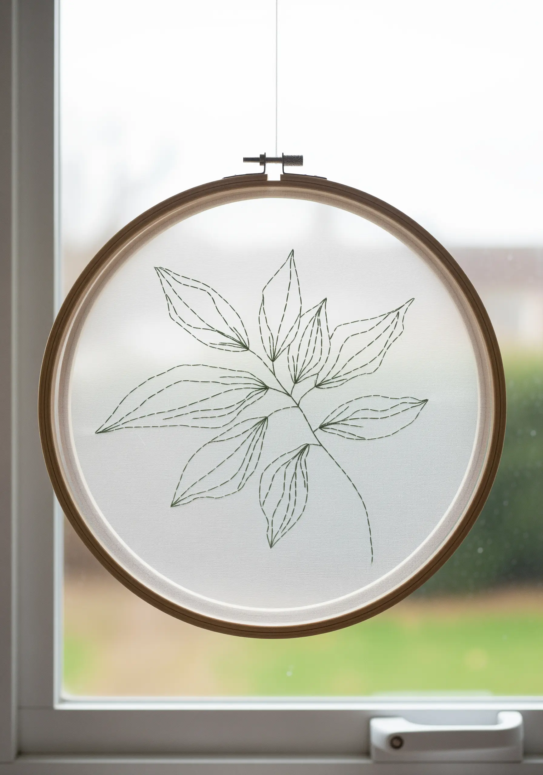 Delicate green leaf outline embroidered with running stitch on sheer fabric in a hoop.
