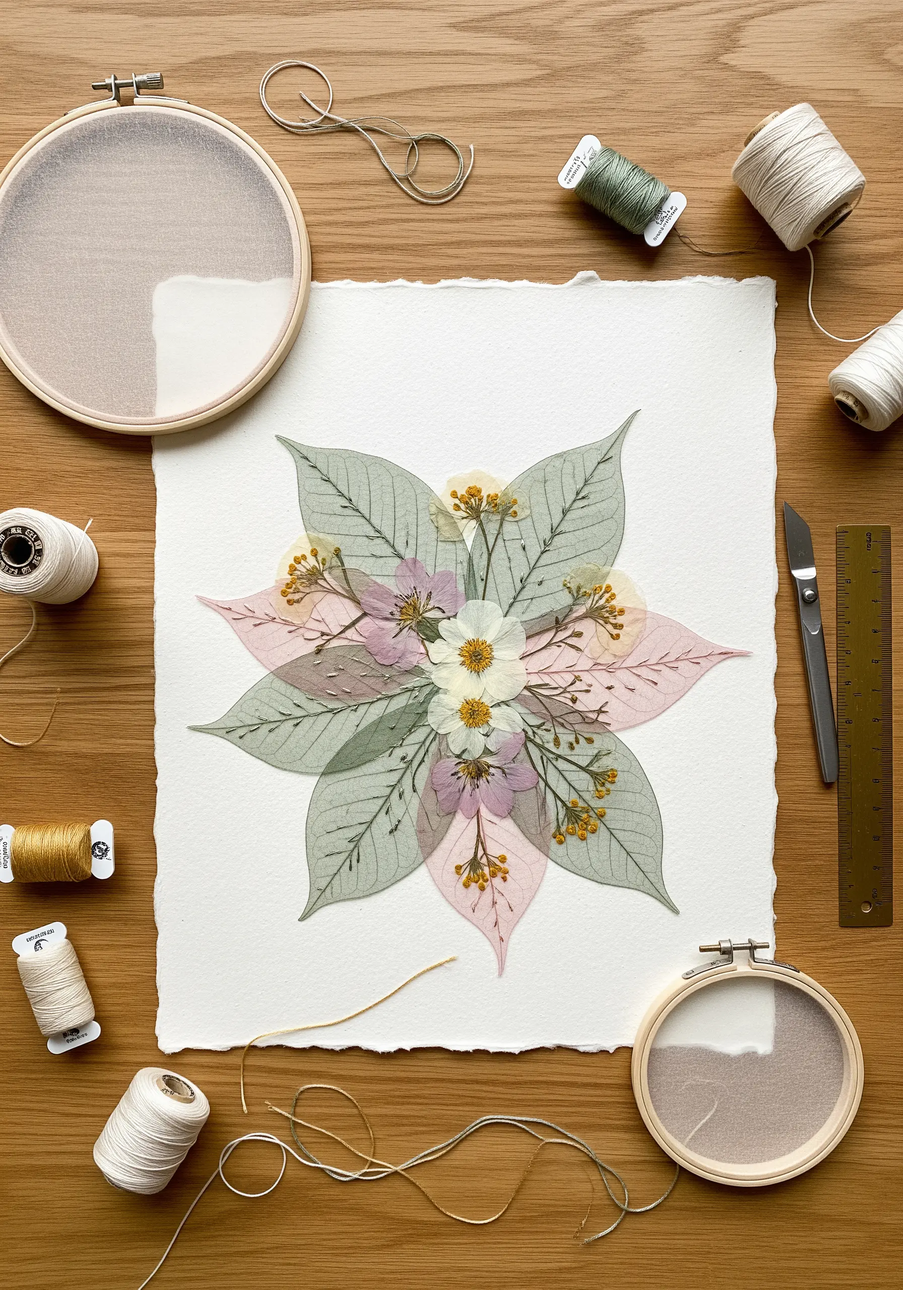 Embroidery stitches creating delicate veins on translucent paper leaves.