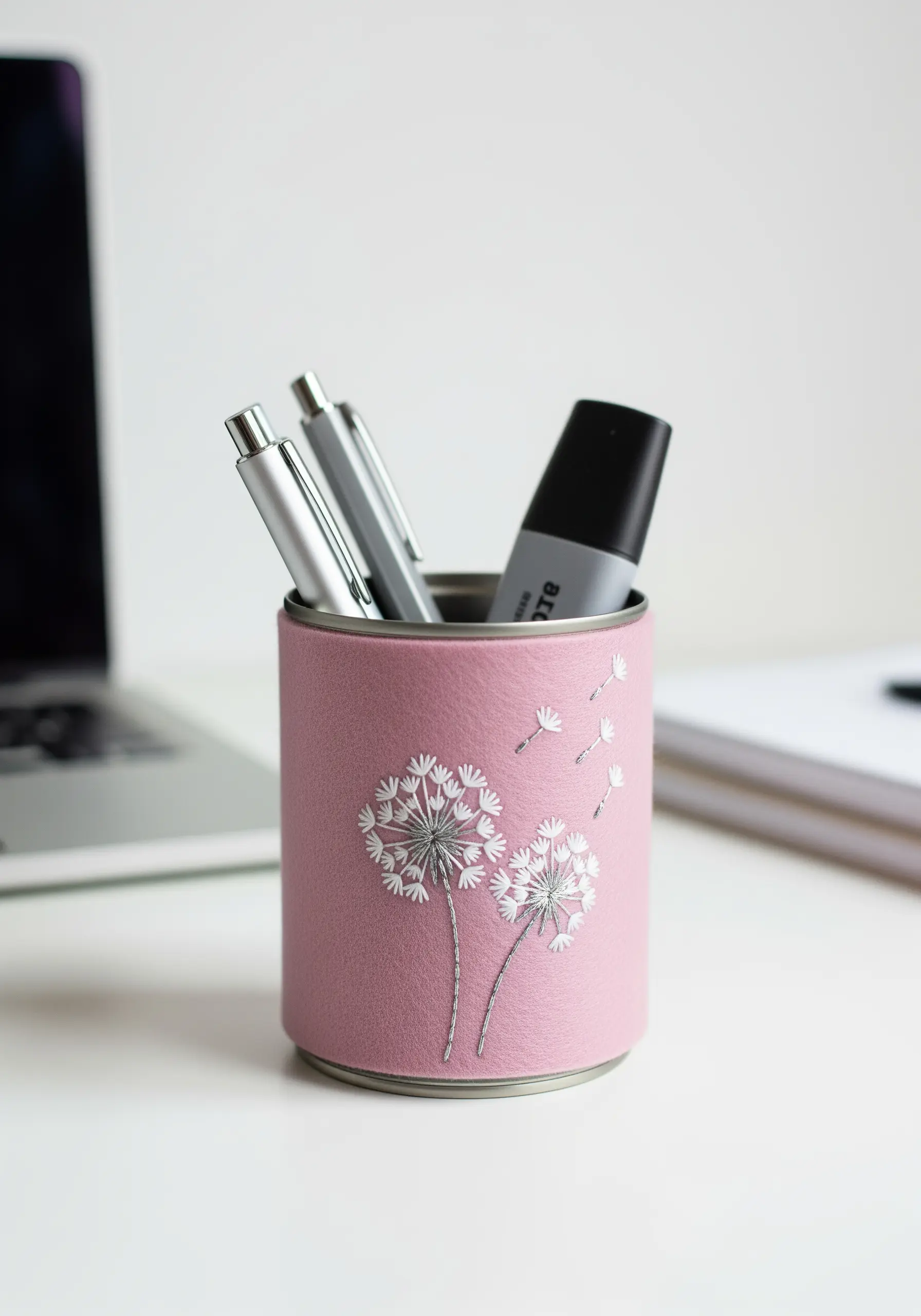 A pink felt-covered pen holder embroidered with white dandelions and floating seeds