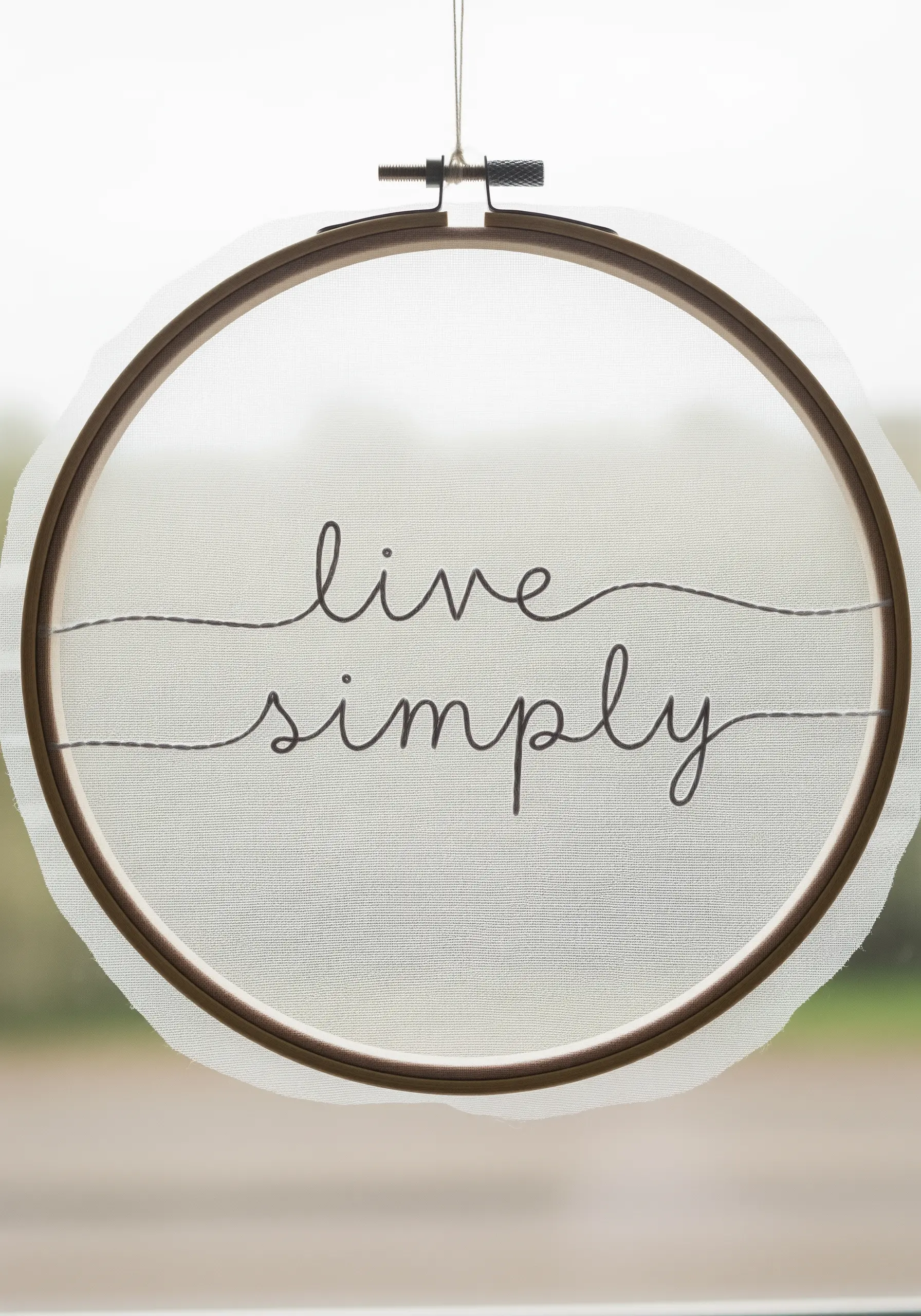 The phrase 'live simply' stitched in black thread on sheer fabric inside a hoop.