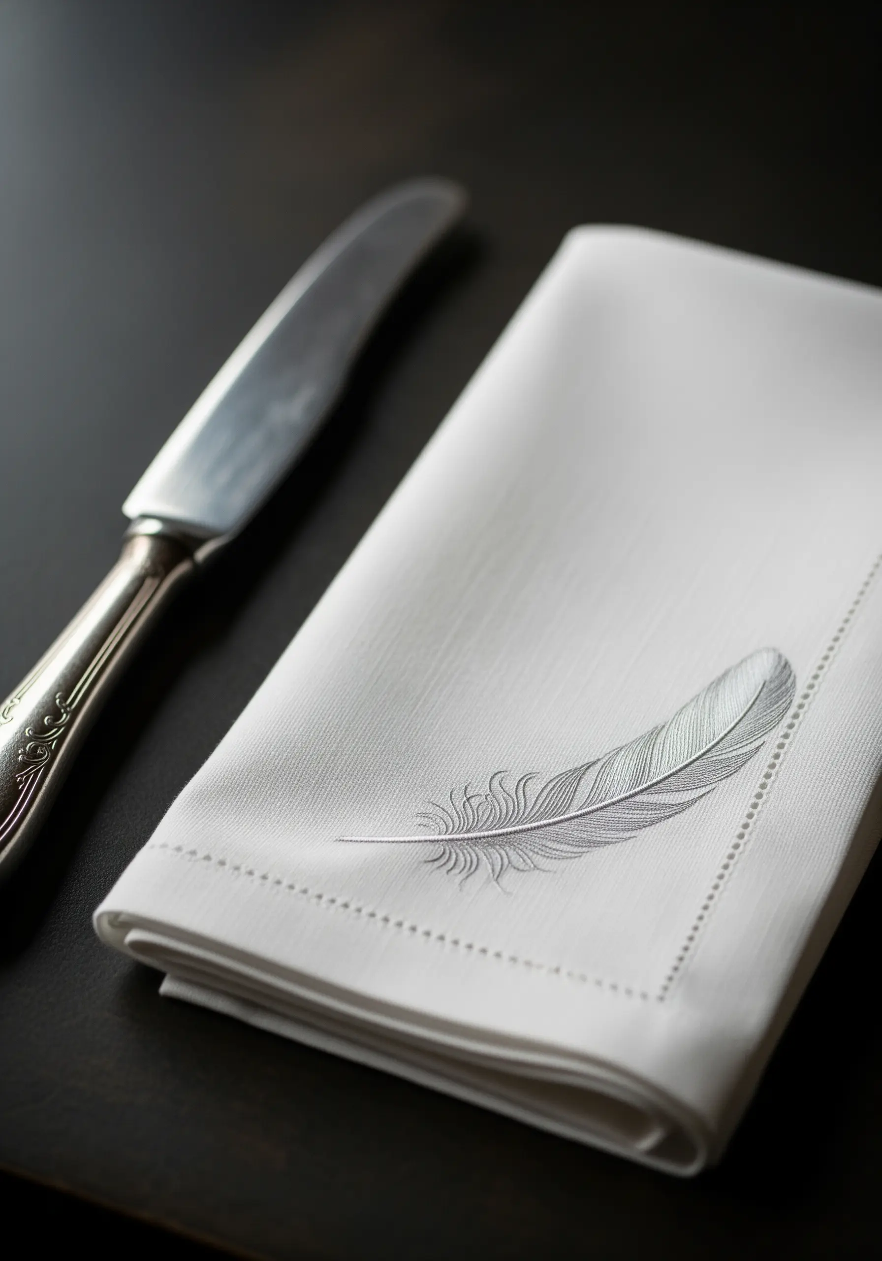 A delicate feather embroidered in light gray thread on a white linen napkin.