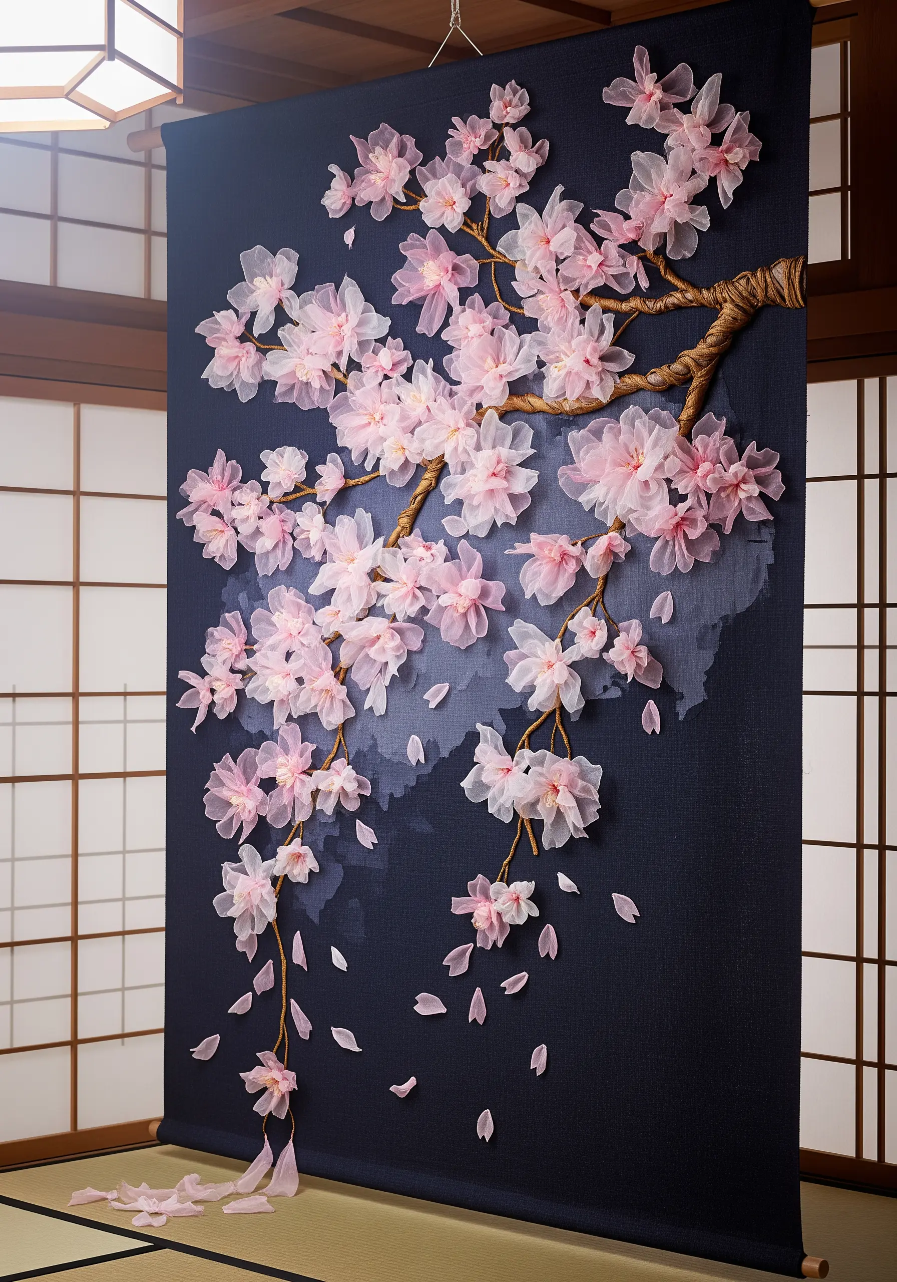 A large wall hanging with delicate, translucent pink cherry blossoms made from organza ribbon.