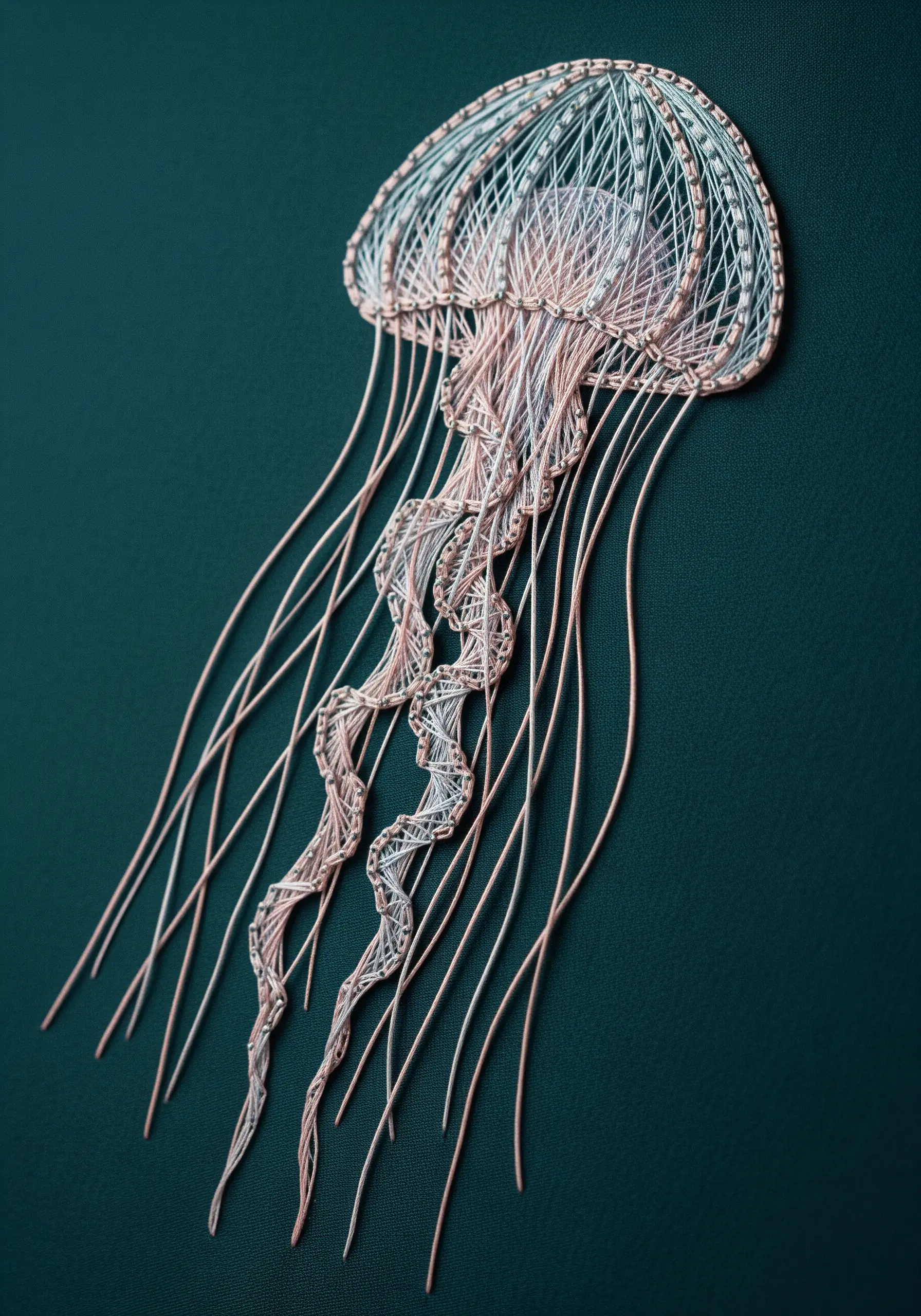 Delicate string art jellyfish in pale pink and white threads against a dark teal background.