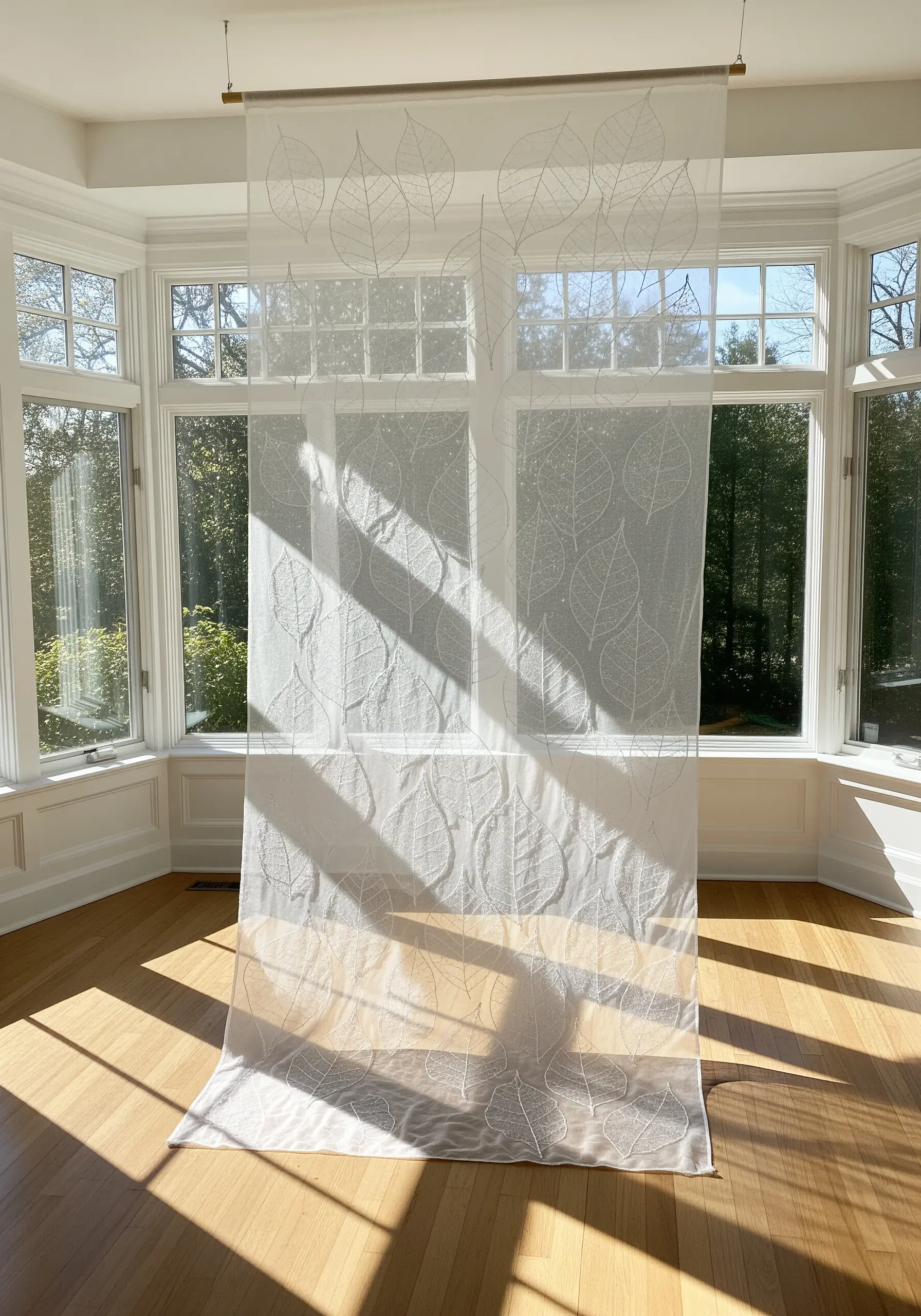 Sheer curtain embroidered with delicate white leaf skeleton outlines.