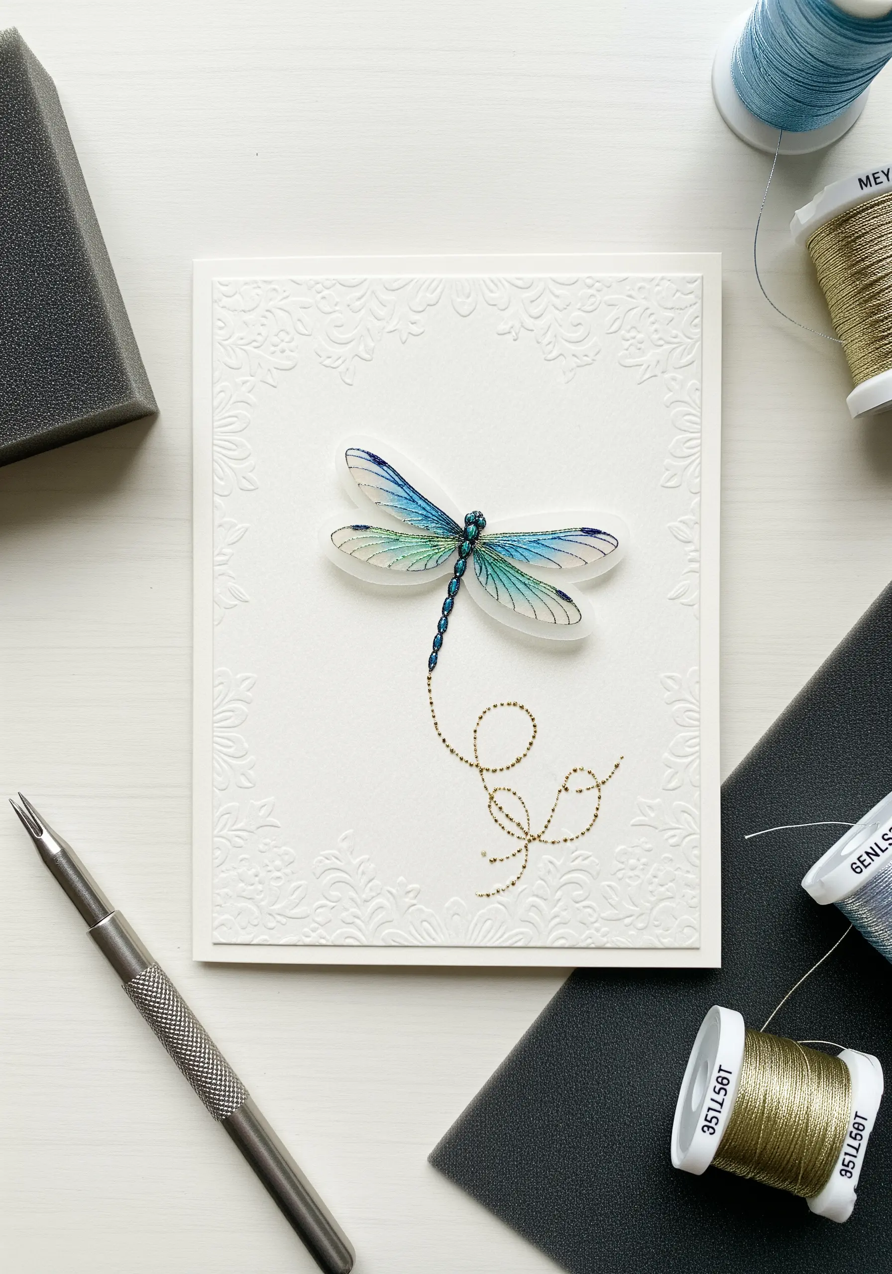 Dragonfly with vellum wings and a couched gold metallic thread tail on embossed cardstock.