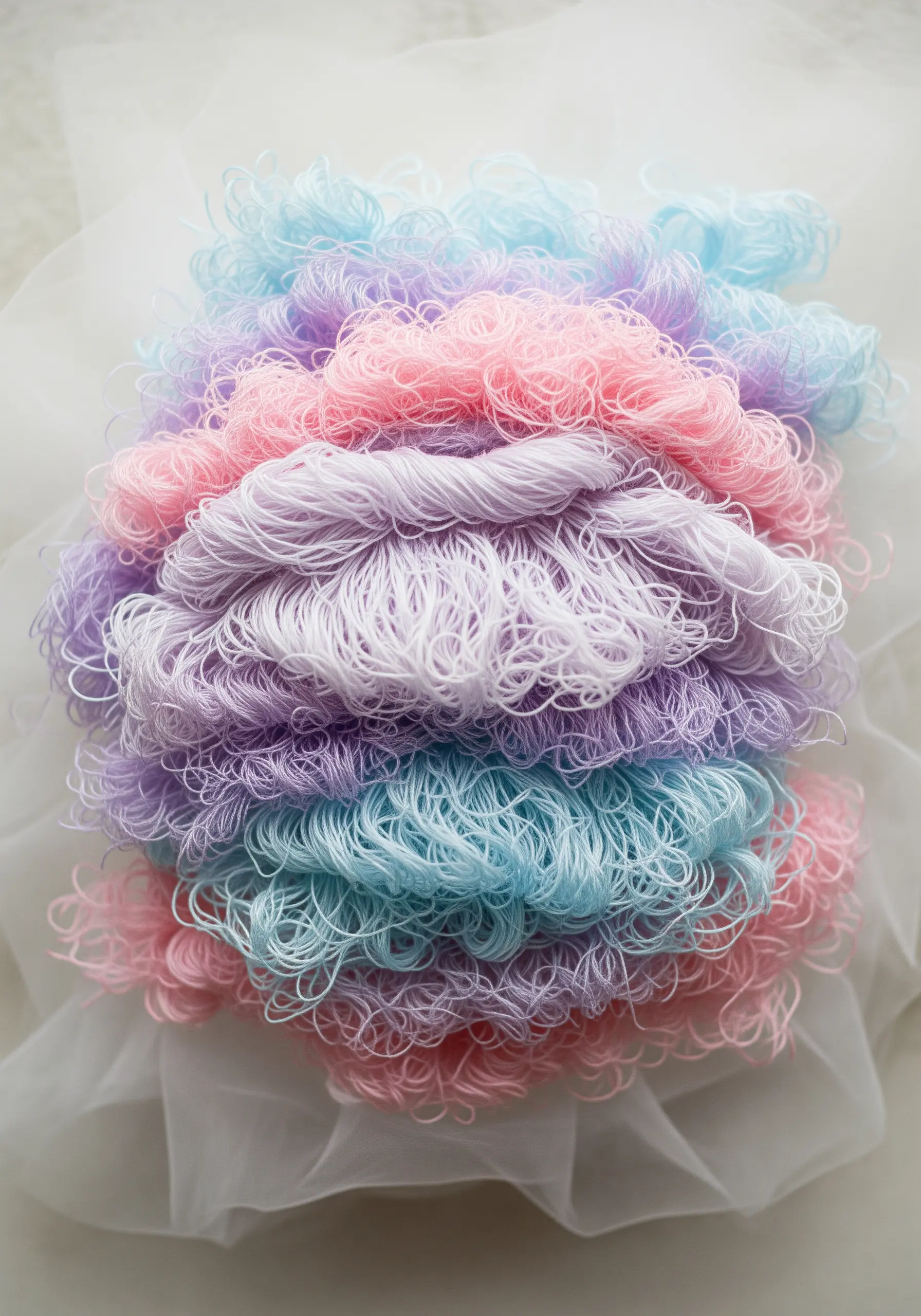 Cloud-like pile of pastel pink, blue, and purple threads on a sheer background.
