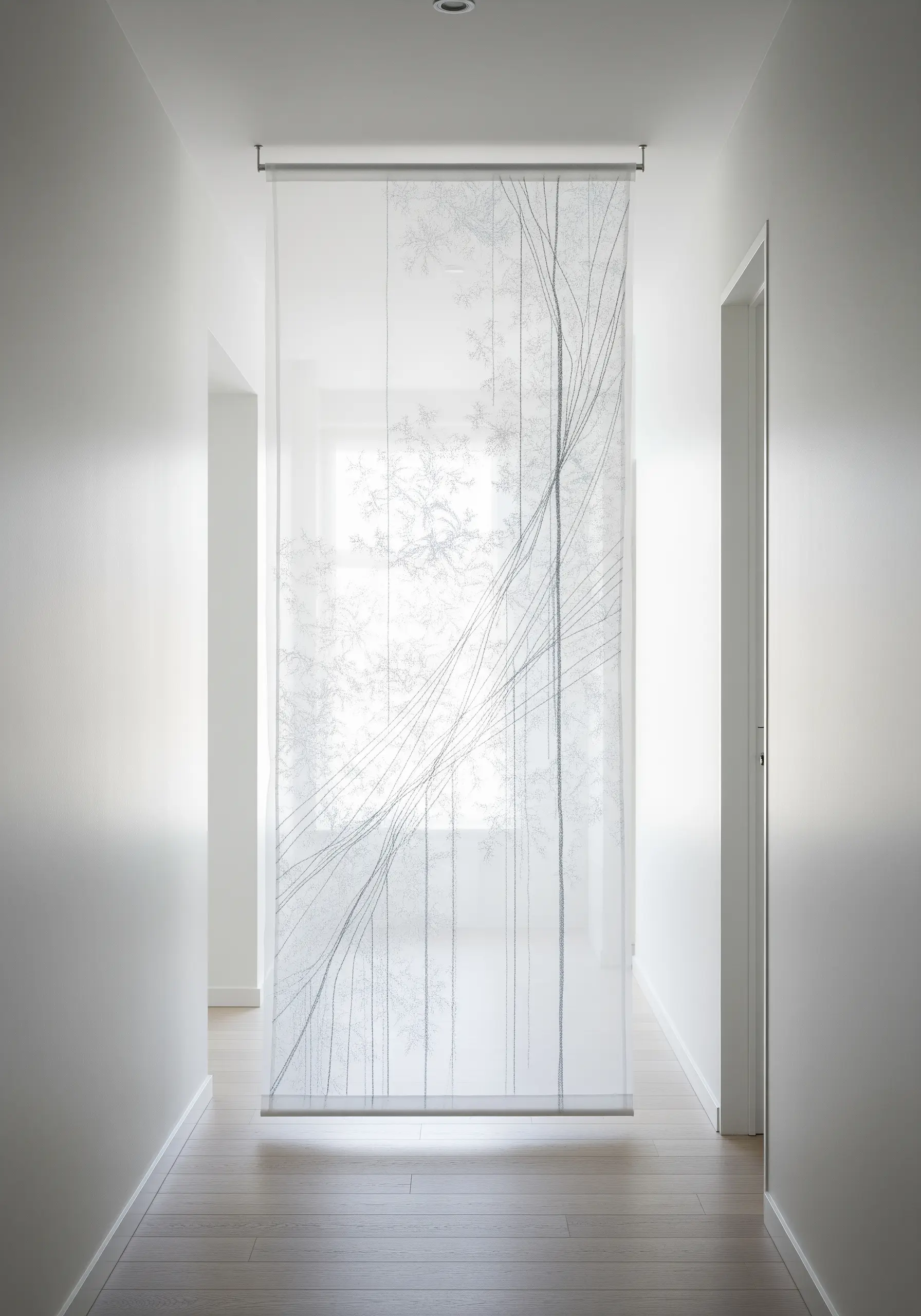 Minimalist embroidery of frosty tree branches on a sheer fabric panel.