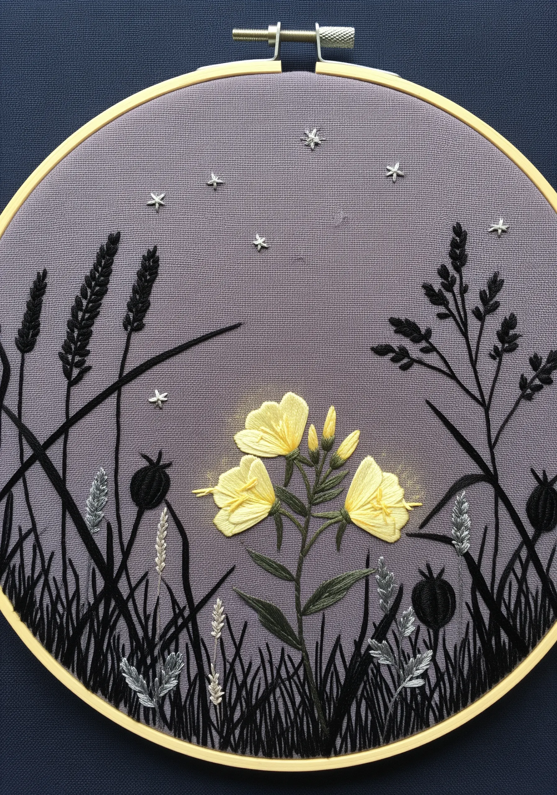 Embroidery of luminous yellow evening primrose against black silhouettes and a grey sky.