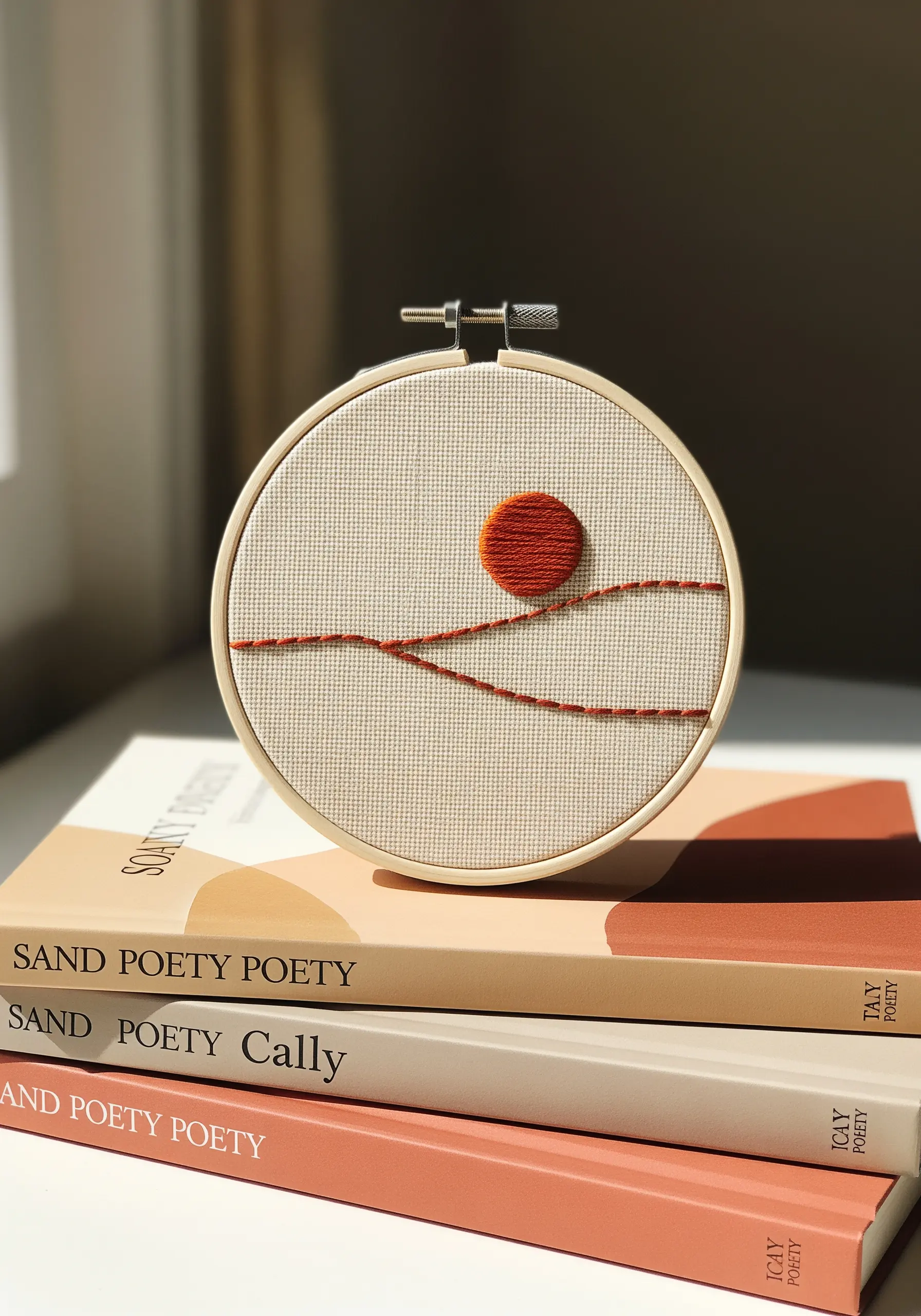 Minimalist embroidered landscape with a padded satin stitch sun and simple line art hills.