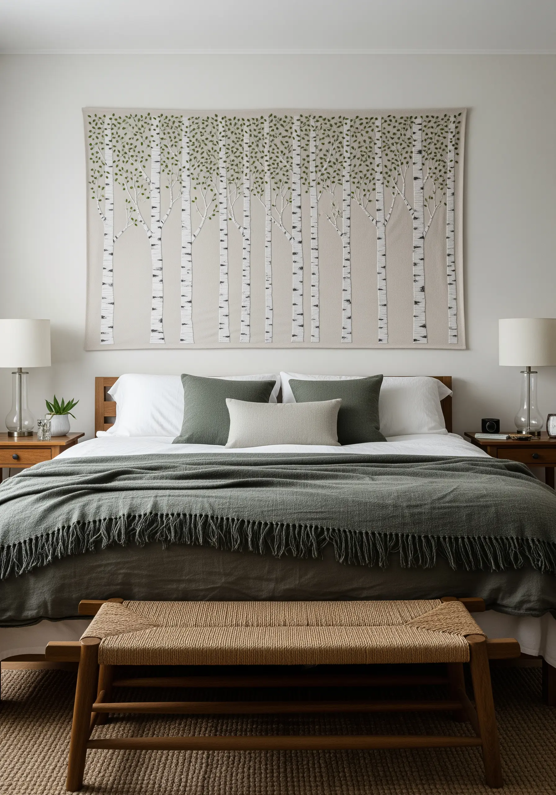 A large wall tapestry depicting a forest of birch trees, hanging over a bed.