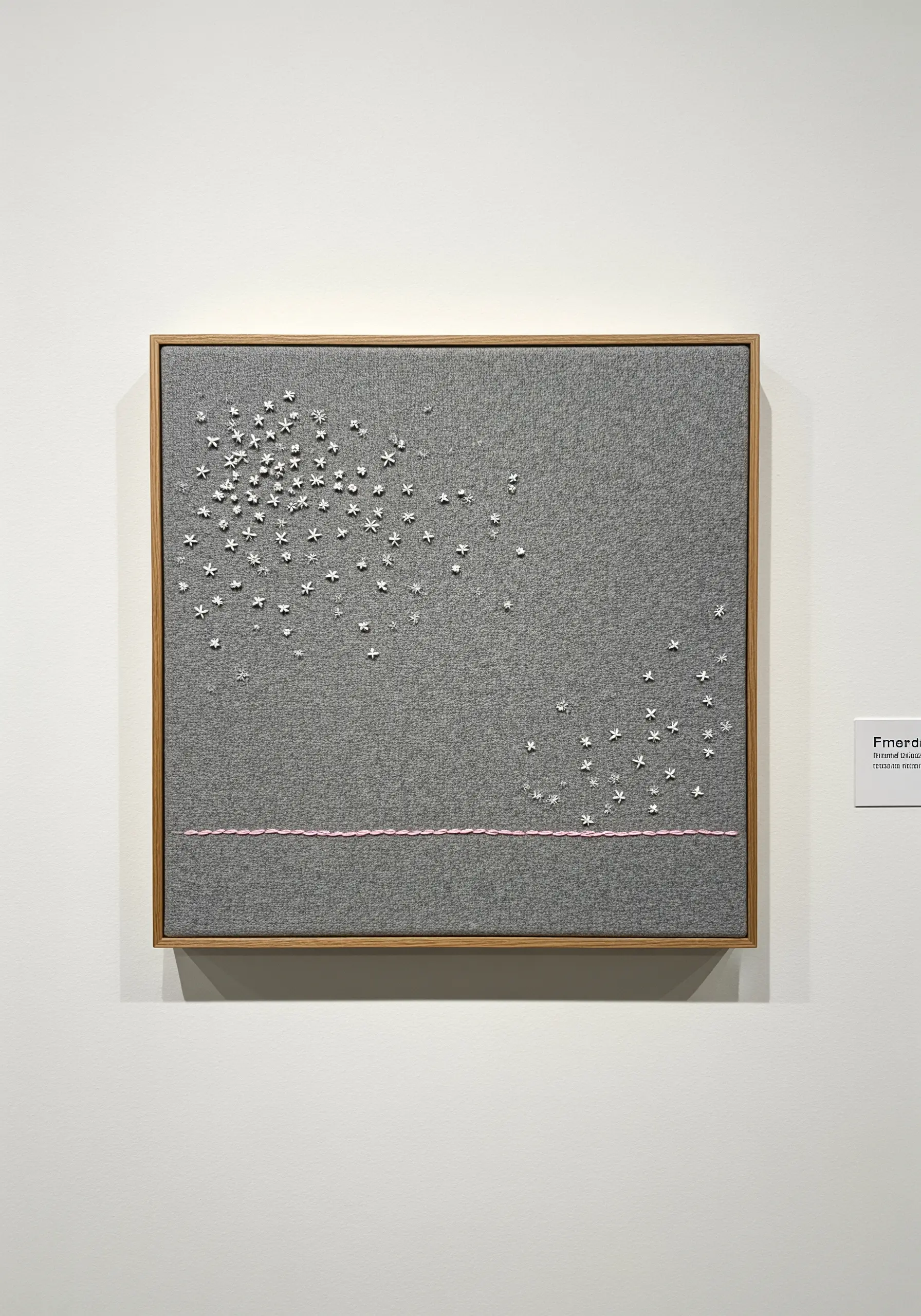 Minimalist embroidery of scattered white lazy daisy stitches on grey fabric, suggesting wind.