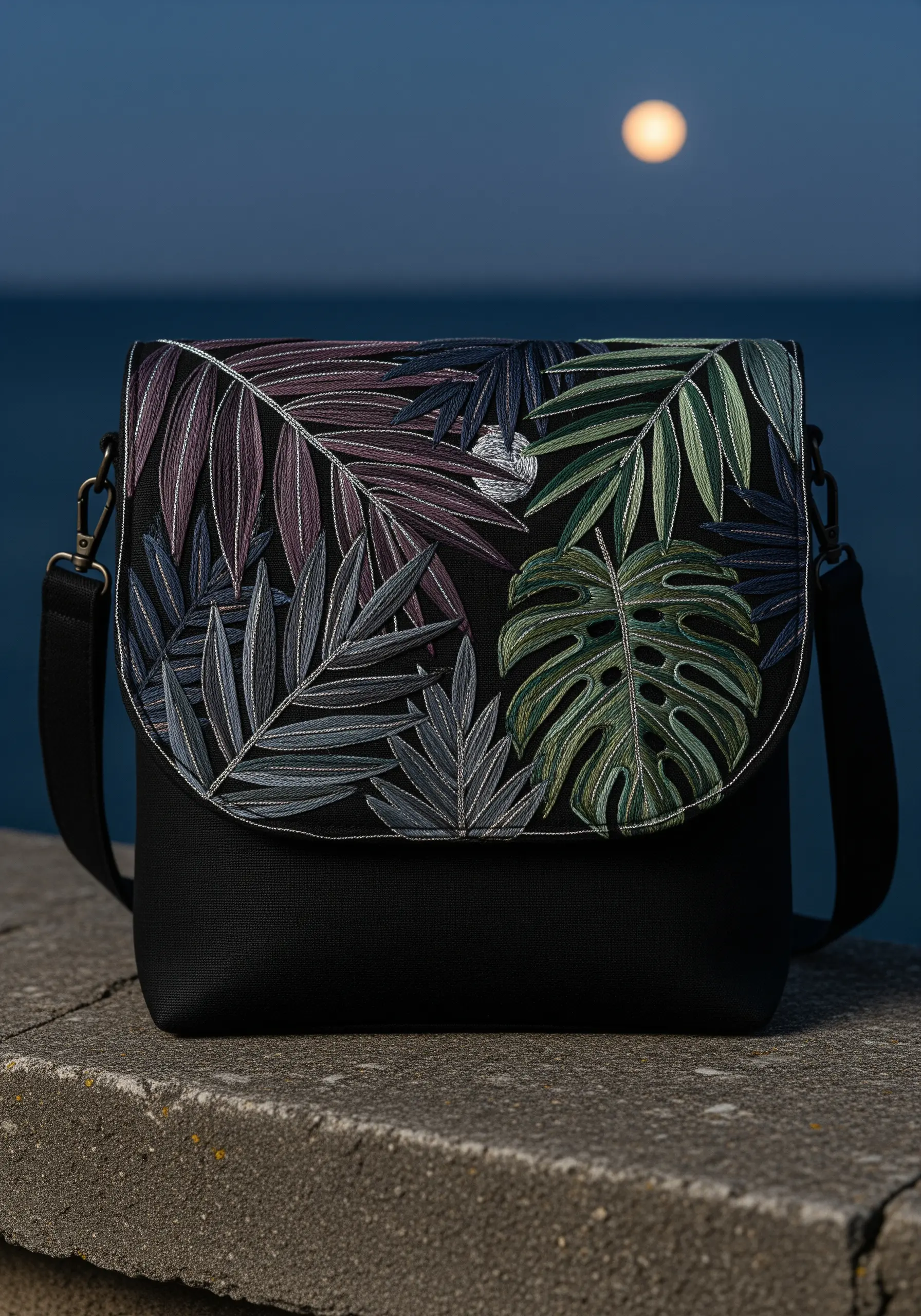 A collection of tropical leaves embroidered in muted greens, purples, and greys on a black bag.