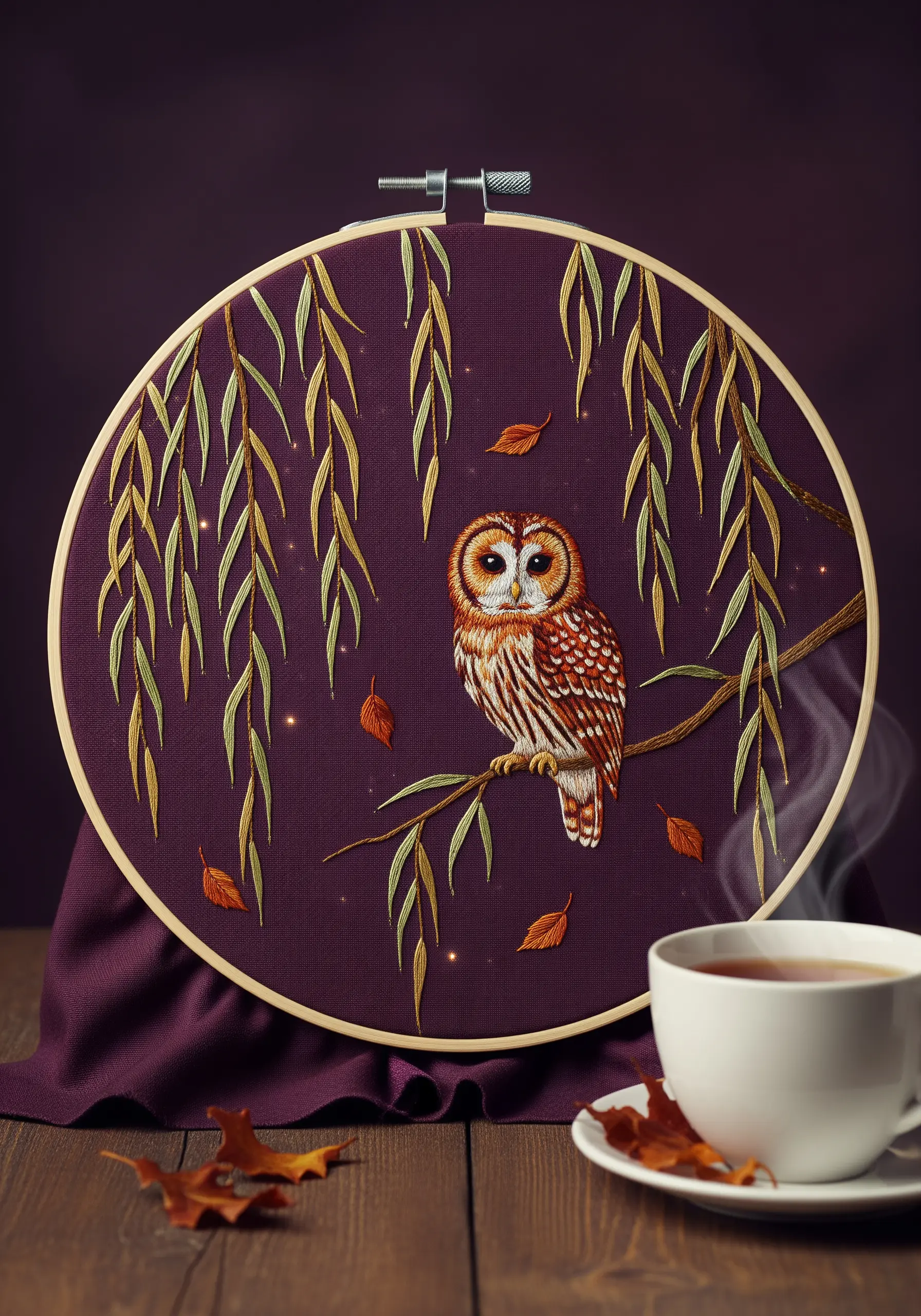 A small owl perched under weeping willow branches on a deep plum fabric, with falling autumn leaves.