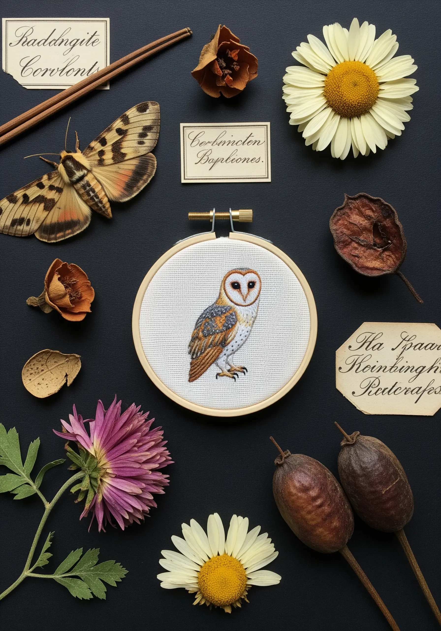 A small, realistic barn owl embroidered in a hoop, displayed as a specimen with dried flowers and labels.