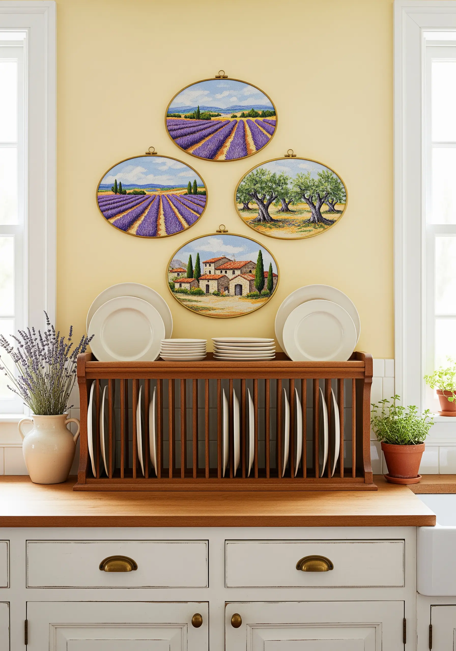 Four oval embroidery hoops showing French landscapes with lavender and olive trees.