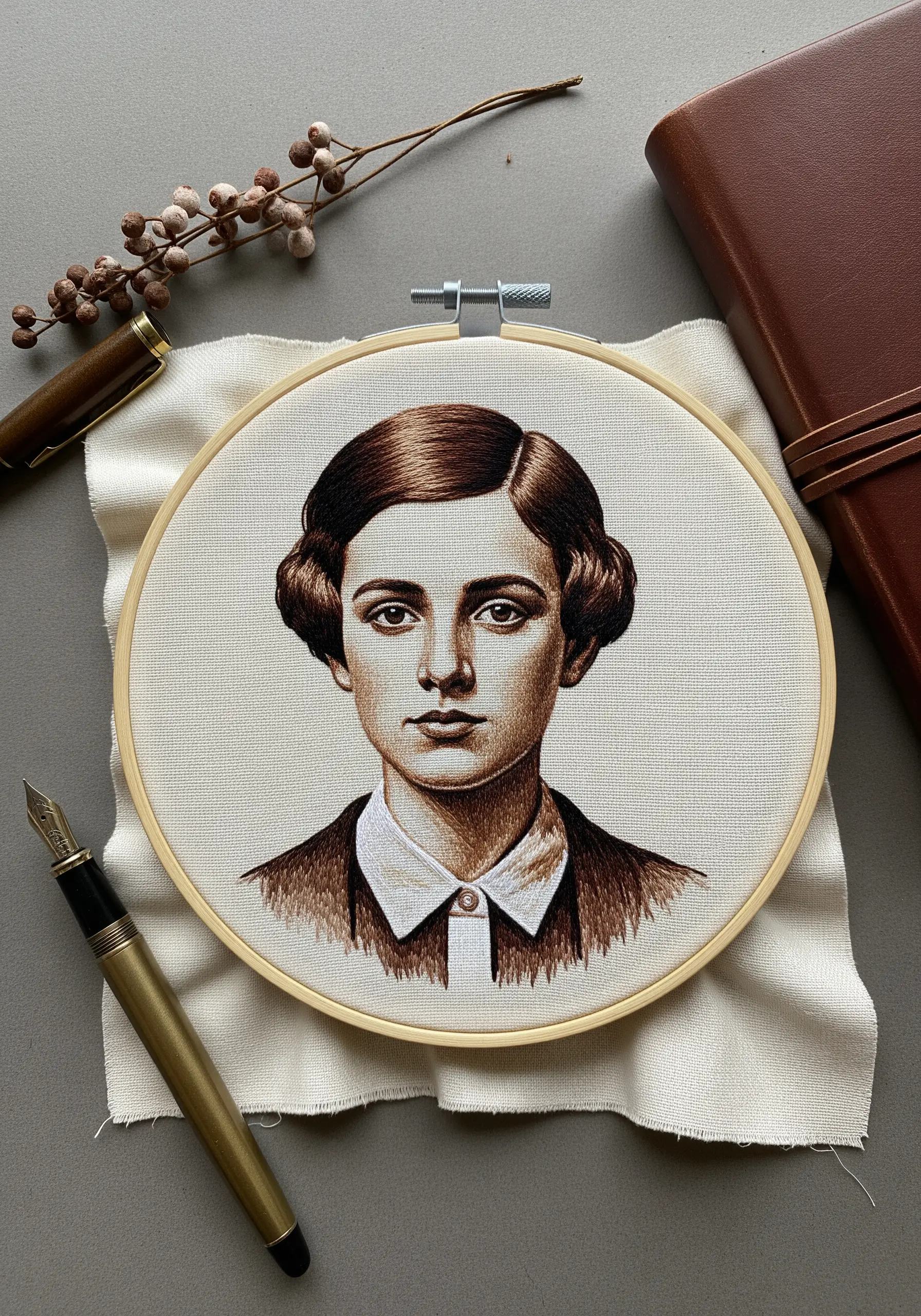 Vintage-style embroidered portrait in sepia tones, resembling an old photograph.