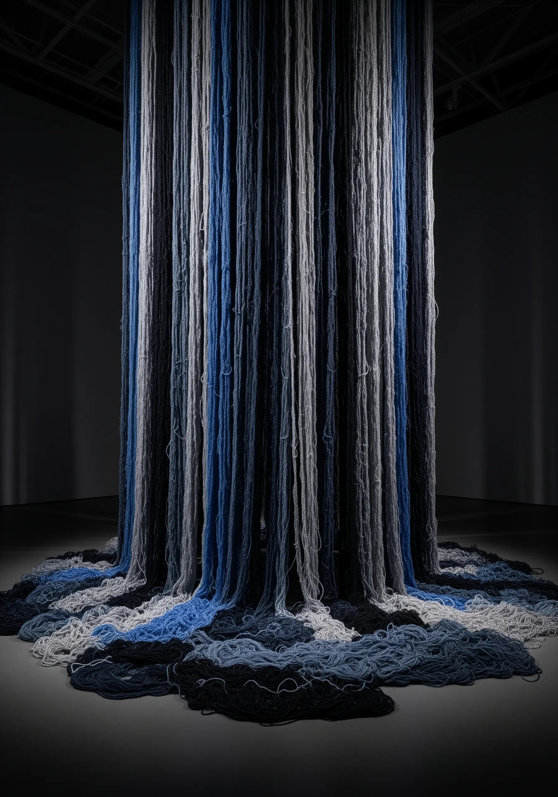A floor-to-ceiling installation of hanging yarn in shades of blue, black, and gray, cascading to the floor.