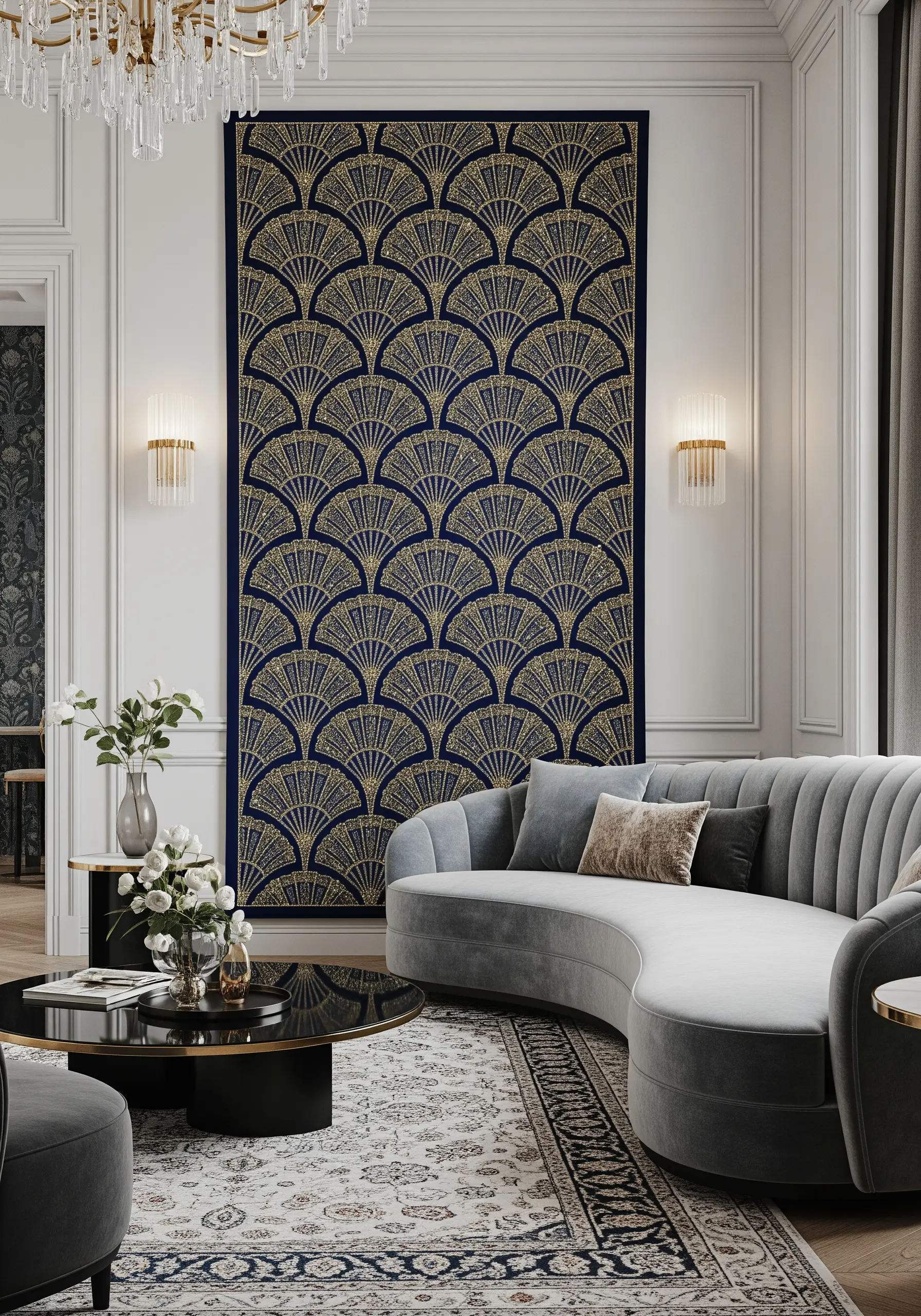 A large Art Deco tapestry with repeating gold fan patterns embroidered on a navy blue background.