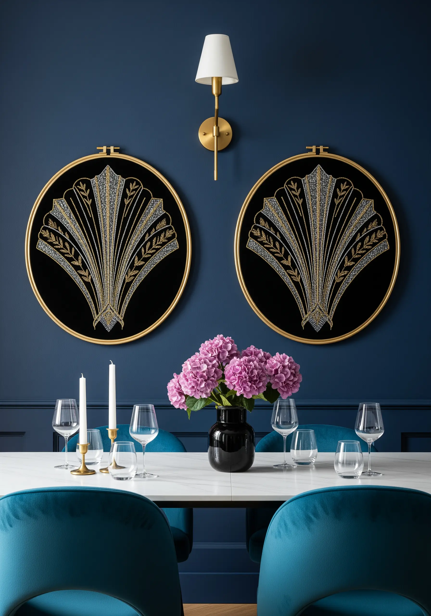 Two large embroidery hoops on a dark blue wall with glamorous Art Deco fan designs in gold and silver.