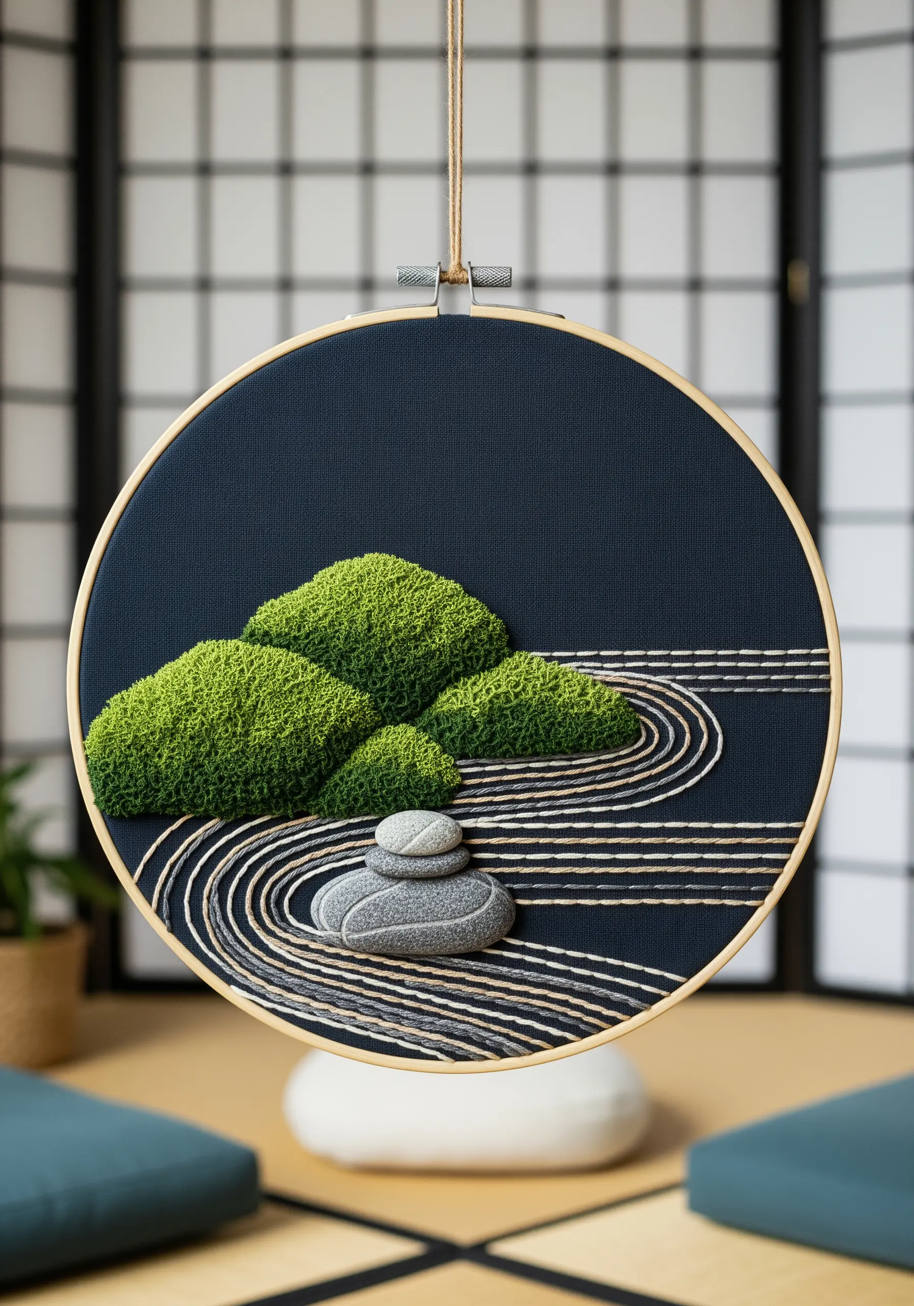 Embroidery hoop showing a minimalist Zen garden with moss, stones, and raked lines.