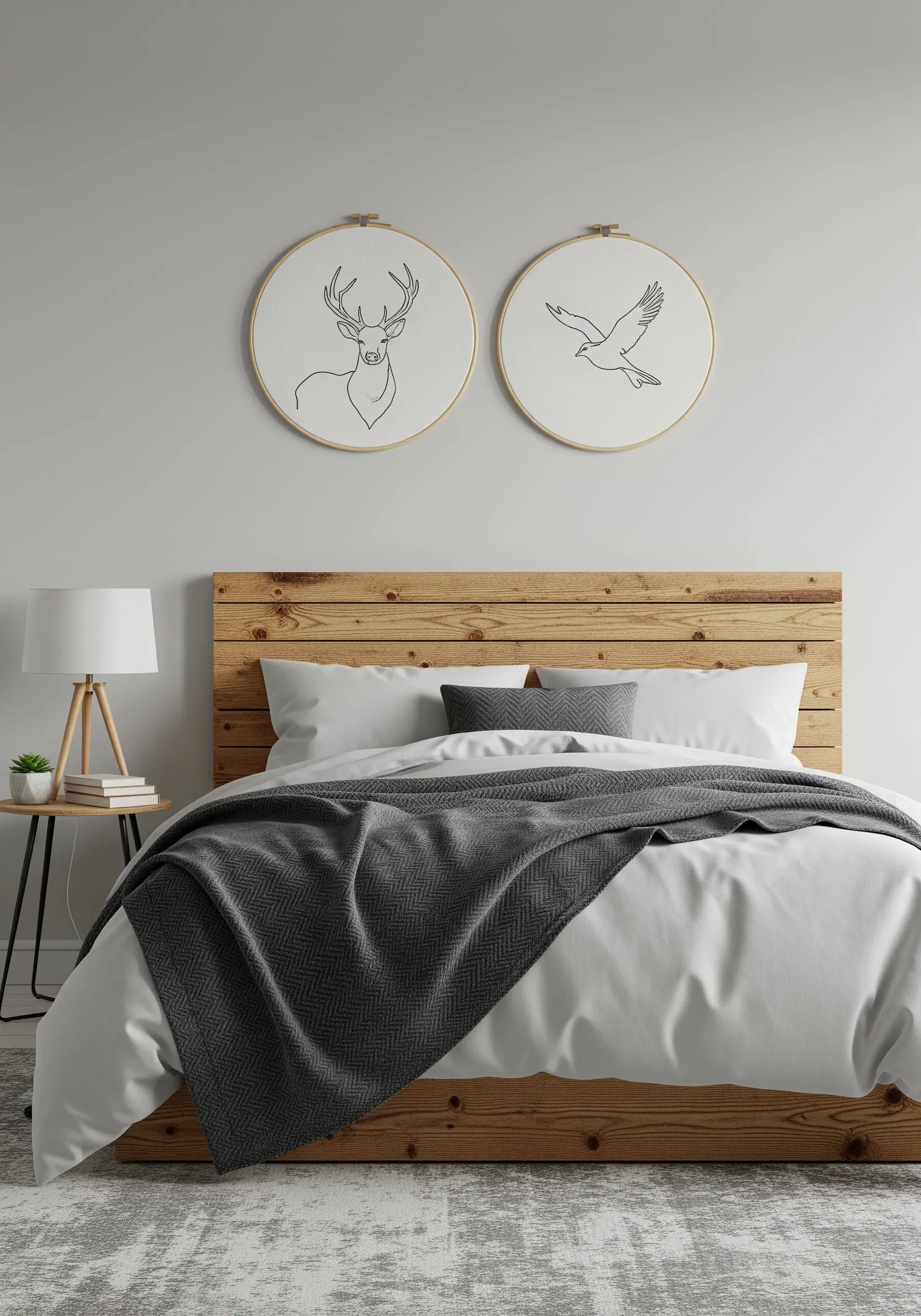 Two embroidery hoops with minimalist line art drawings of a deer and a bird.
