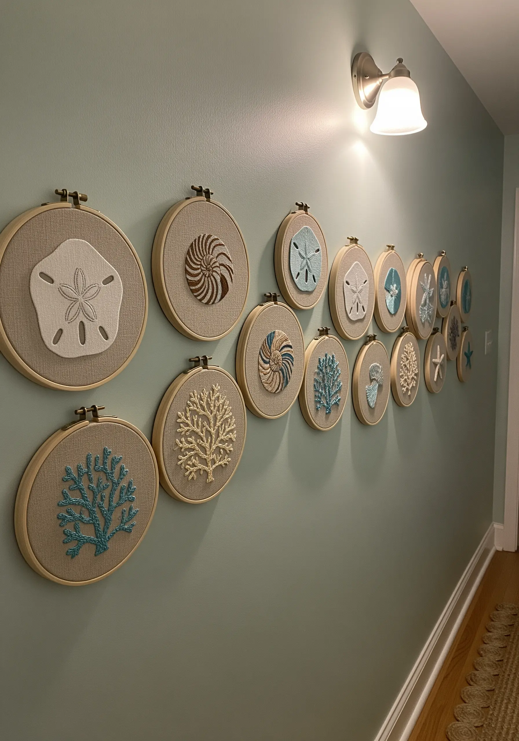 A horizontal collection of coastal-themed embroidery, including shells and coral, on a sage green wall.