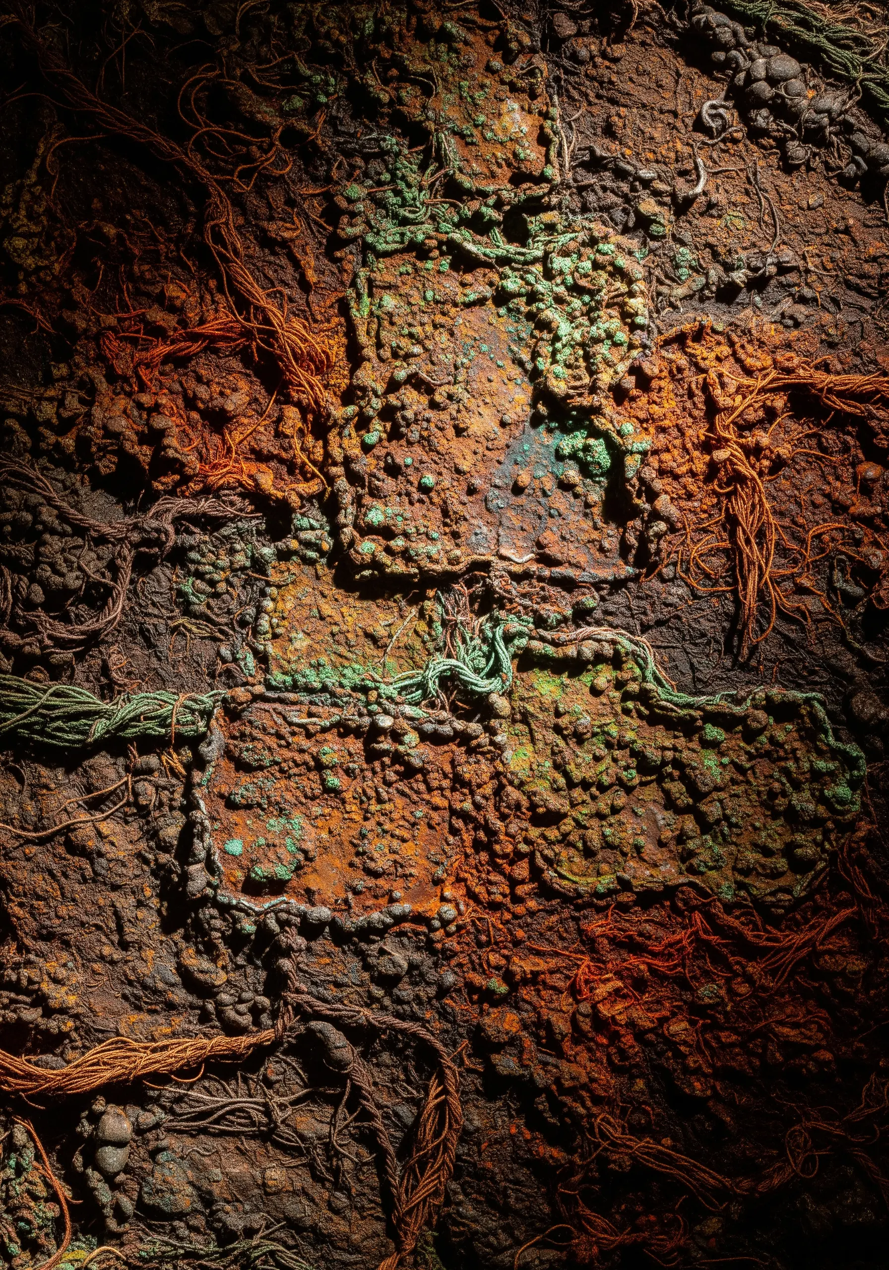 A heavily textured, abstract embroidery using corroded-looking copper and green metallic threads.