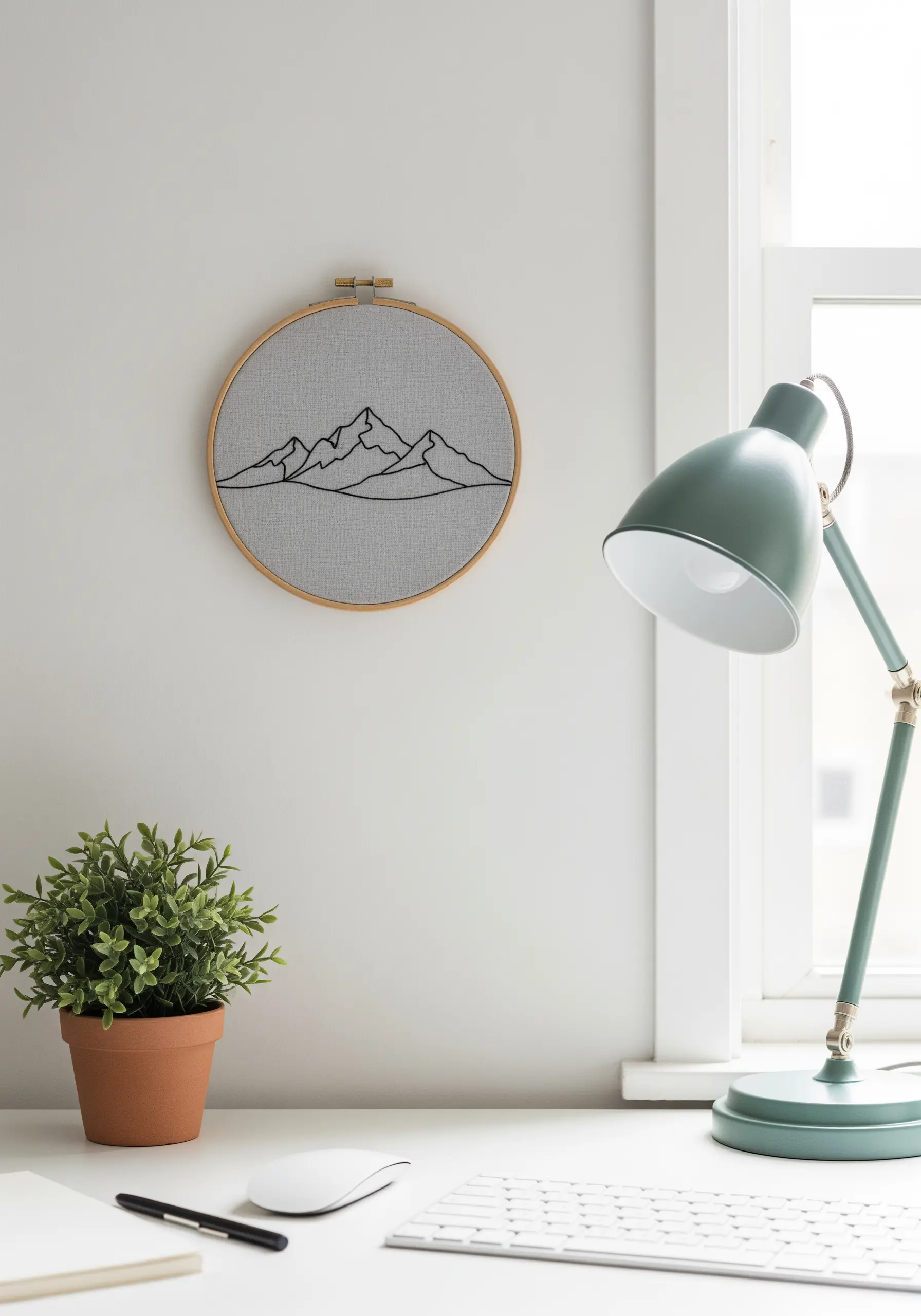 Minimalist black outline of a mountain range embroidered on grey fabric, hanging on a white wall.