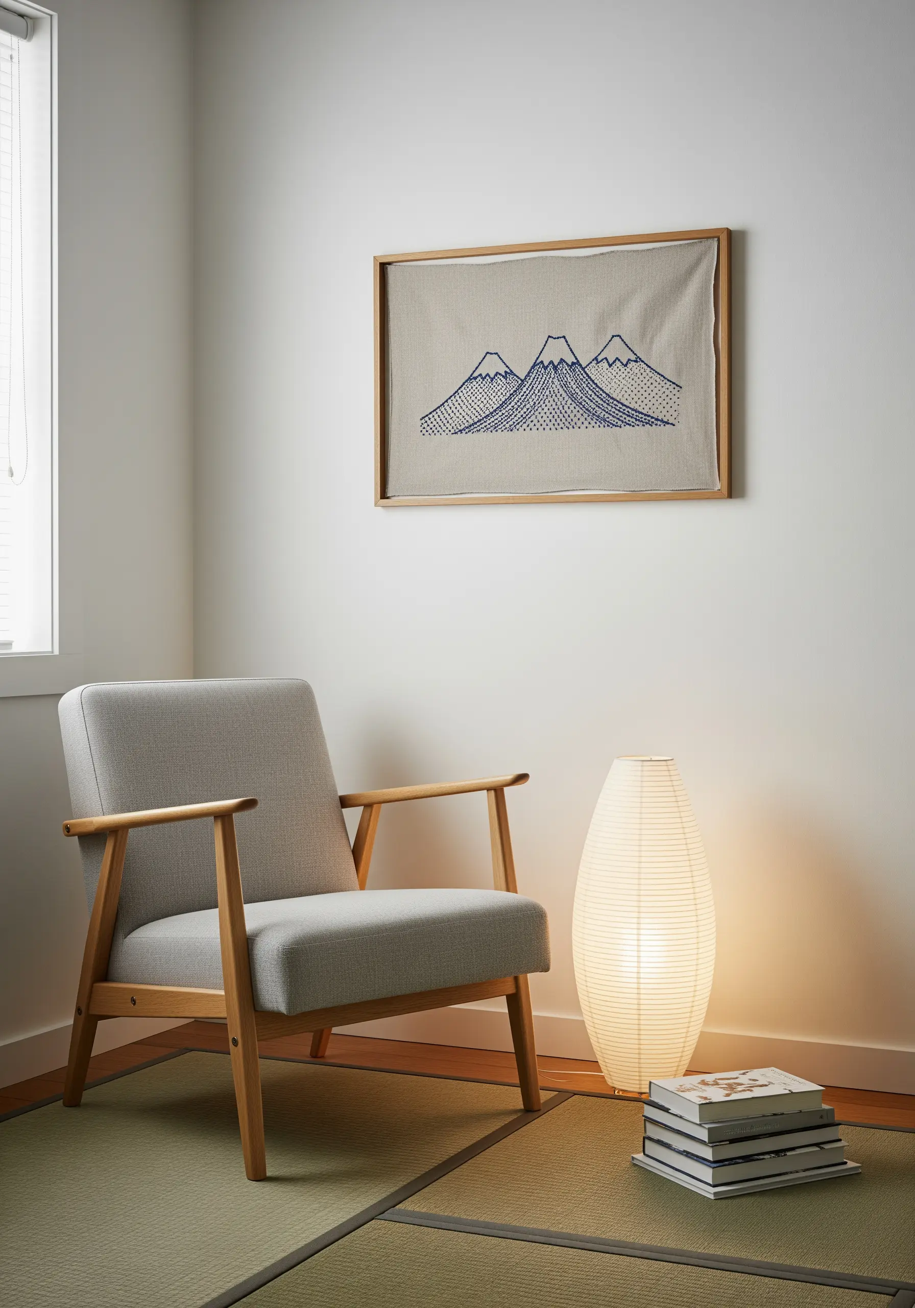 A framed embroidery of a mountain range using blue dotted stitches.