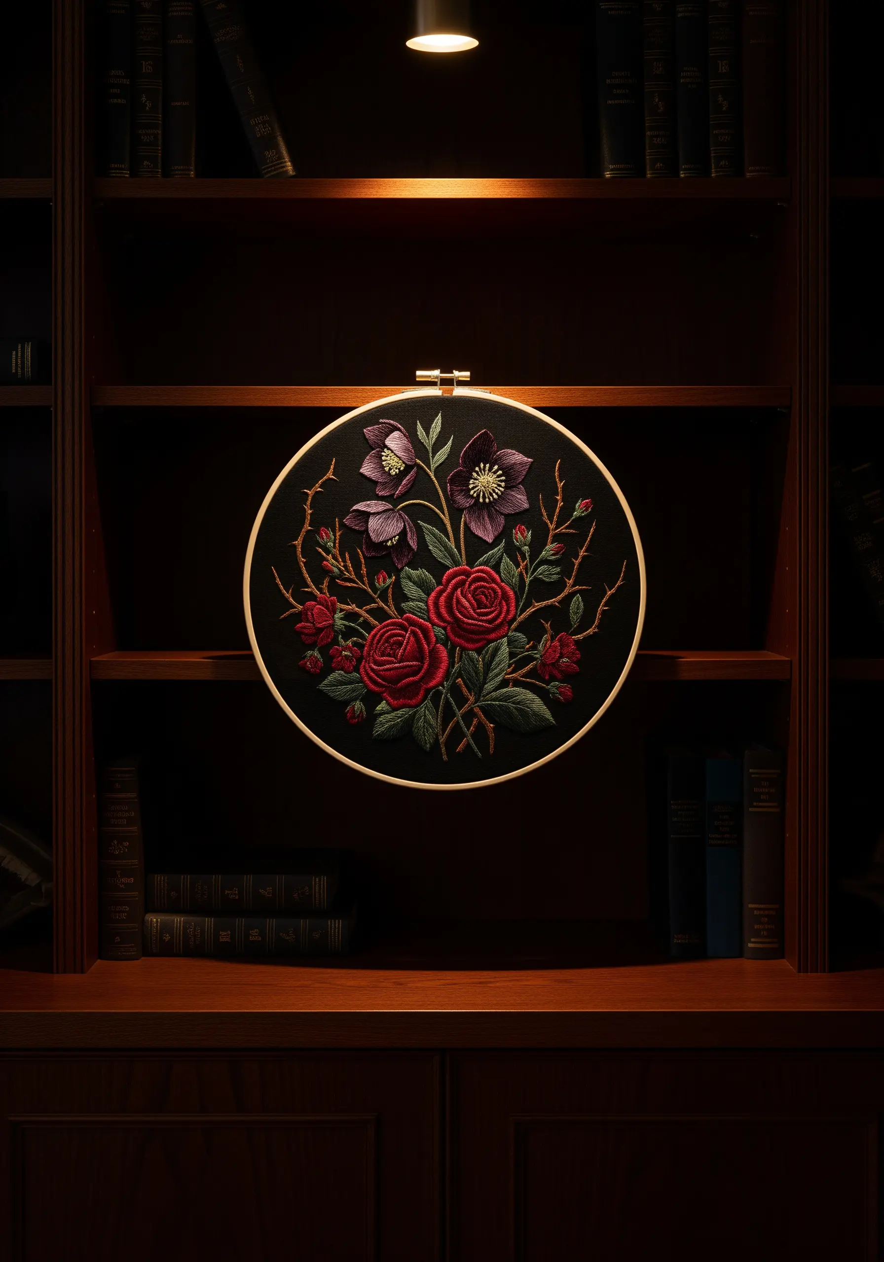 Embroidery of deep red roses and thorny branches on a black background in a dark room.