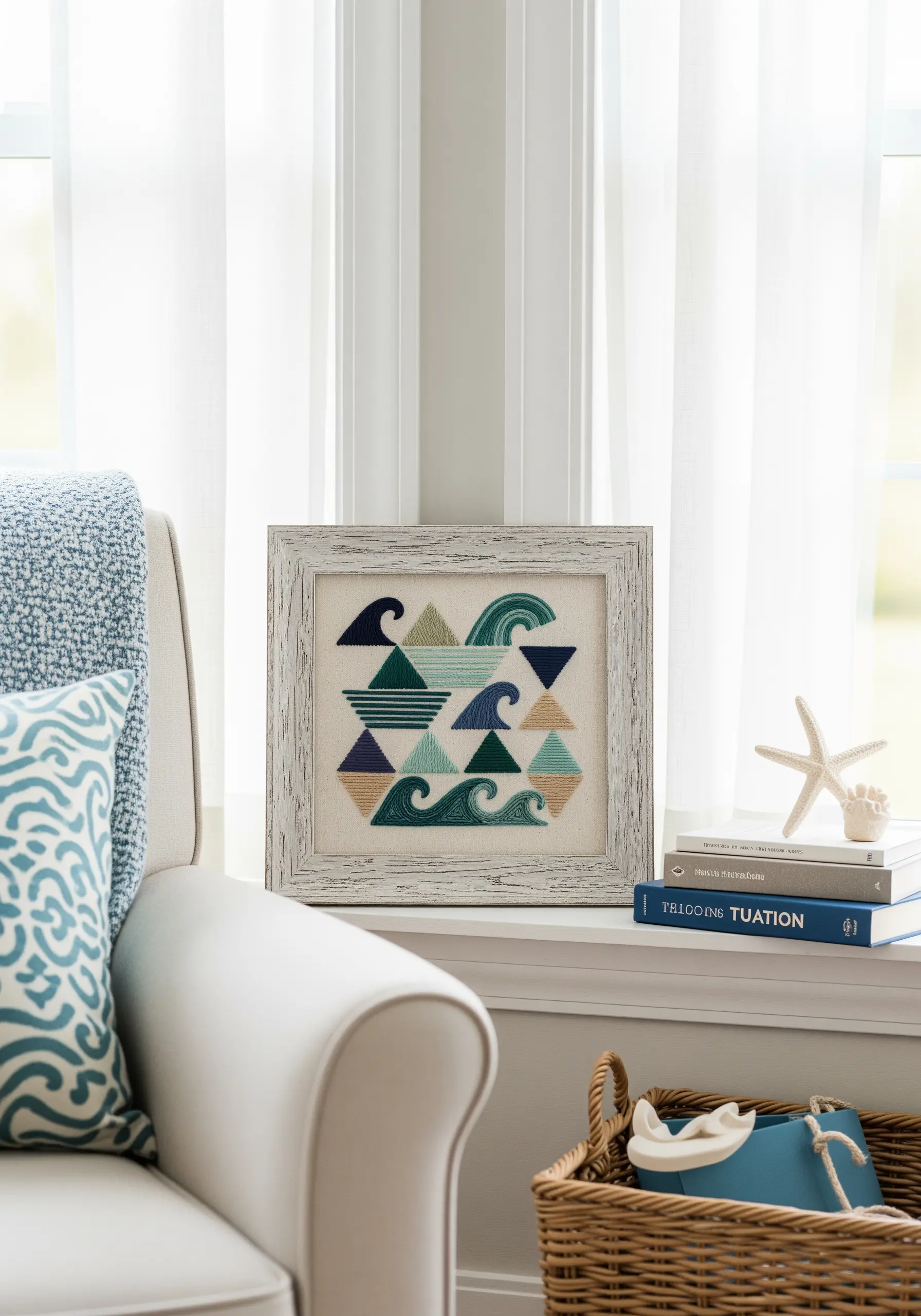 Embroidered triangles filled with various stitches to represent ocean waves.