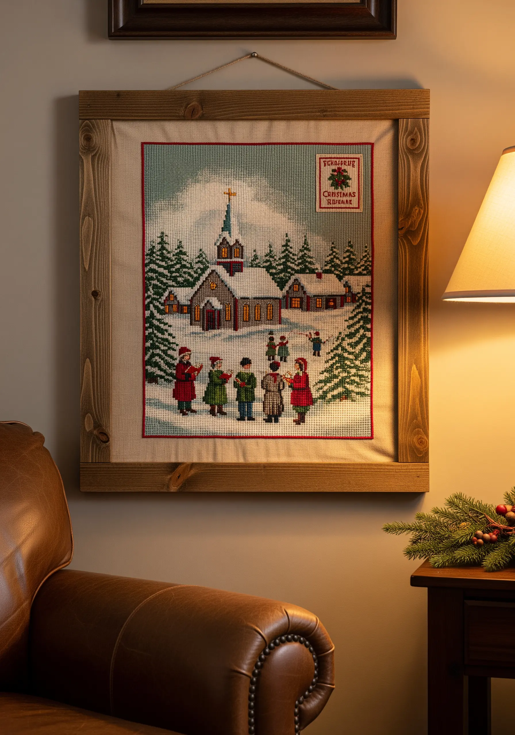 A framed cross-stitch piece of a snowy village scene with carolers in front of a church.