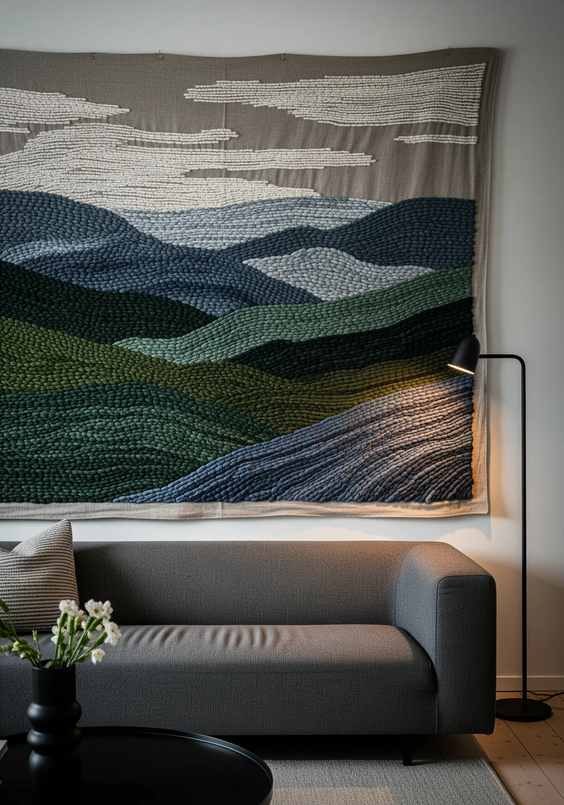 Large punch needle landscape tapestry with textured green and blue rolling hills.