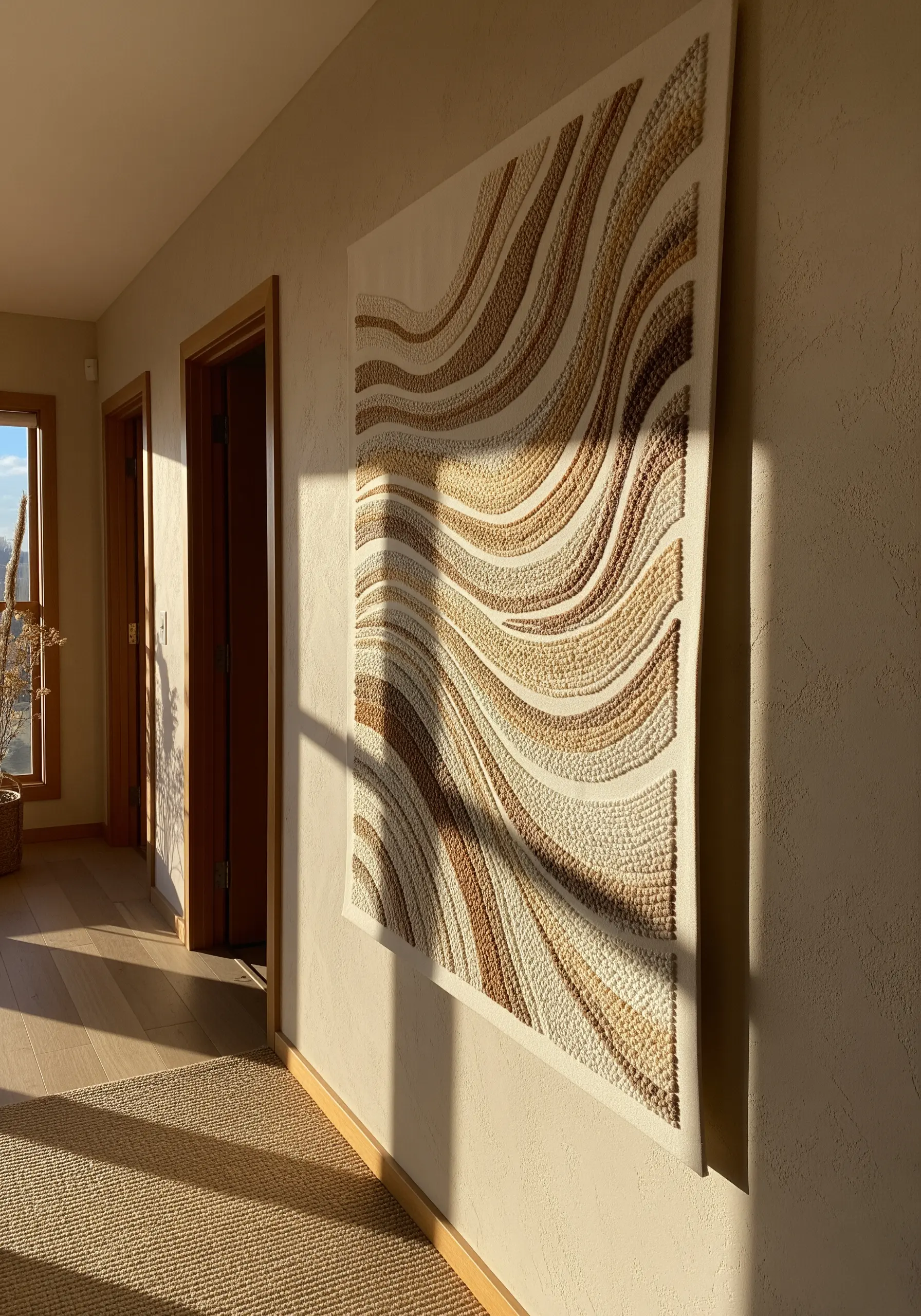 Large textile wall art with abstract waves made of textured stitches in sand and brown tones.
