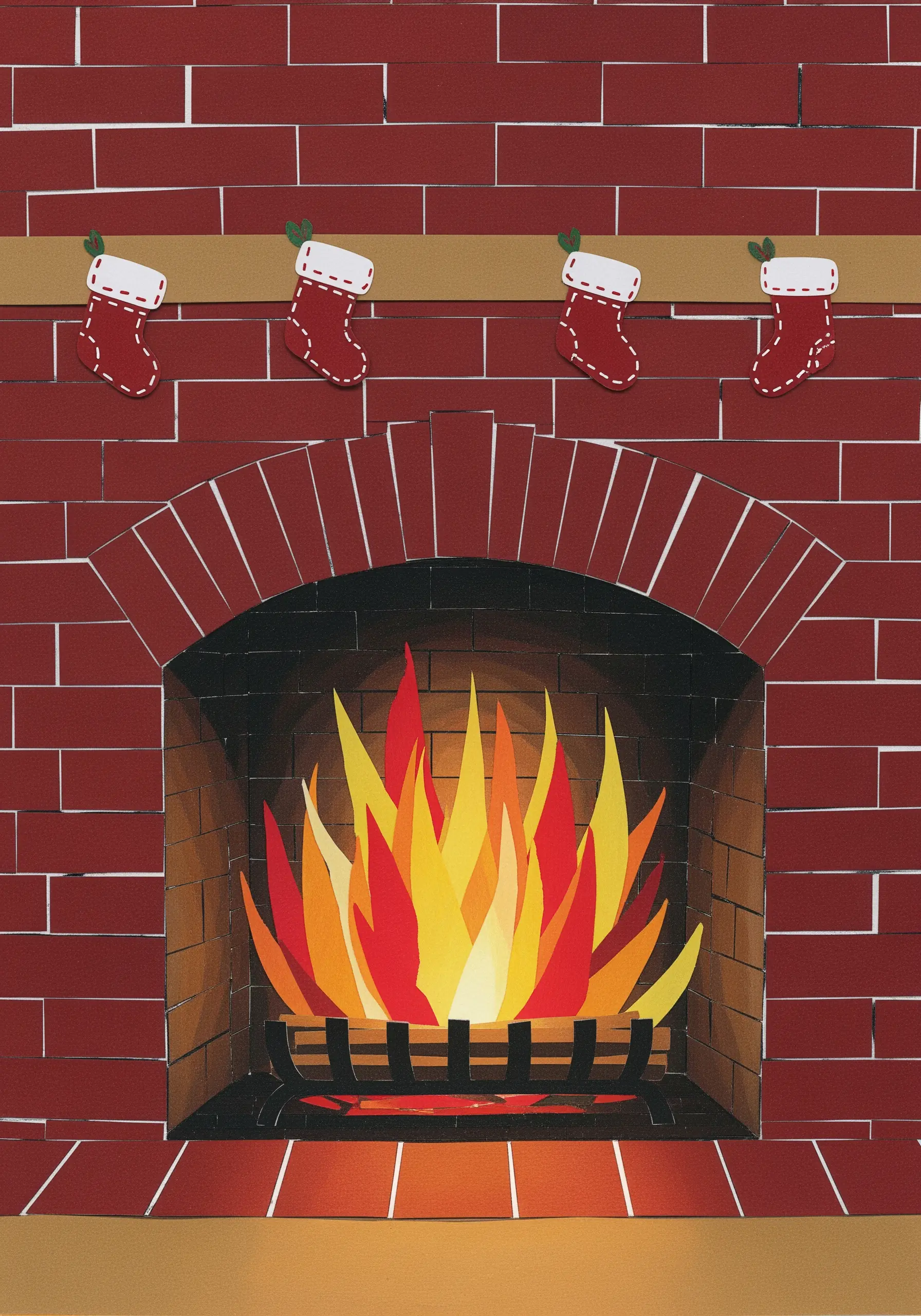 A cozy paper collage of a brick fireplace with stockings and a fire.