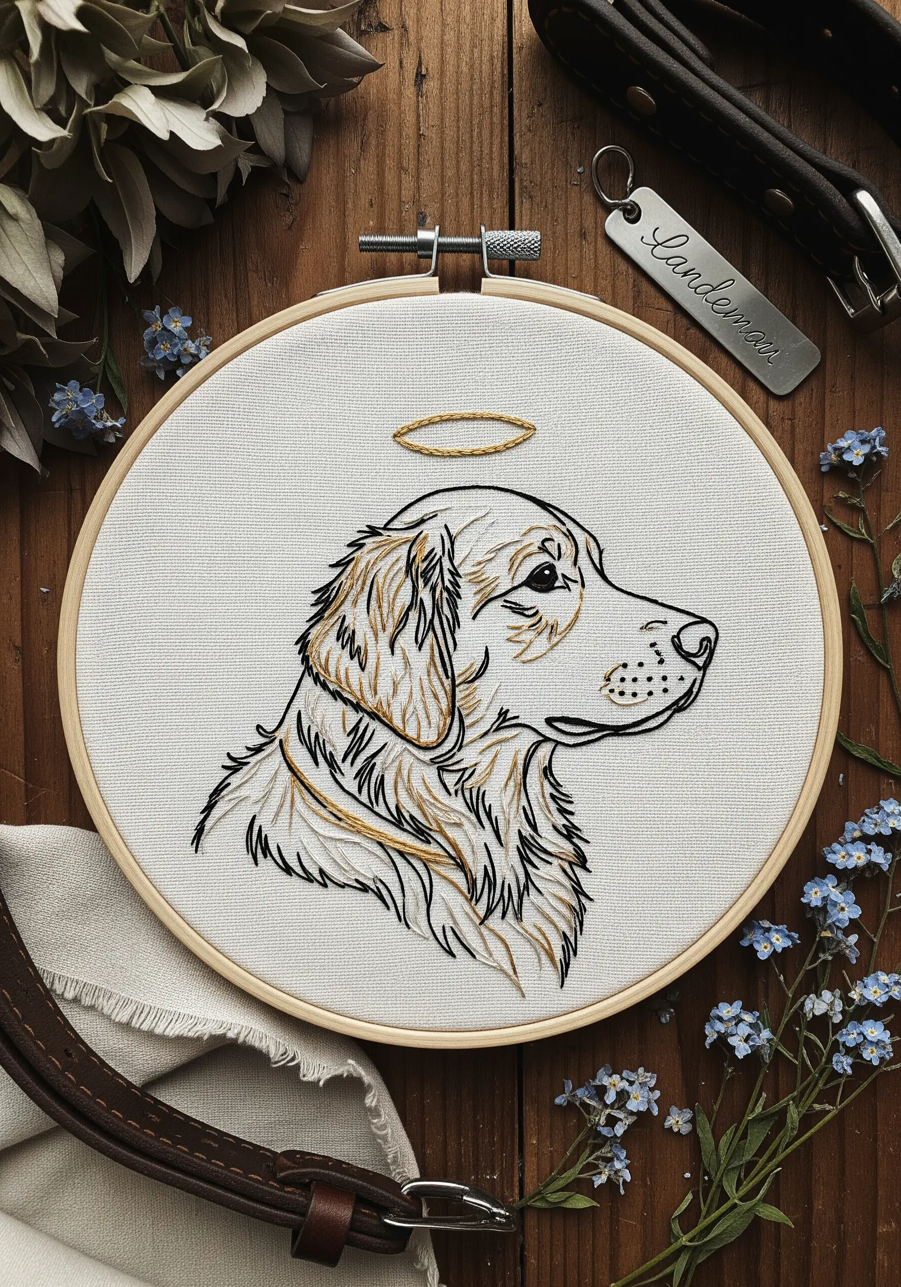 Line art dog portrait with gold thread highlights and a halo.