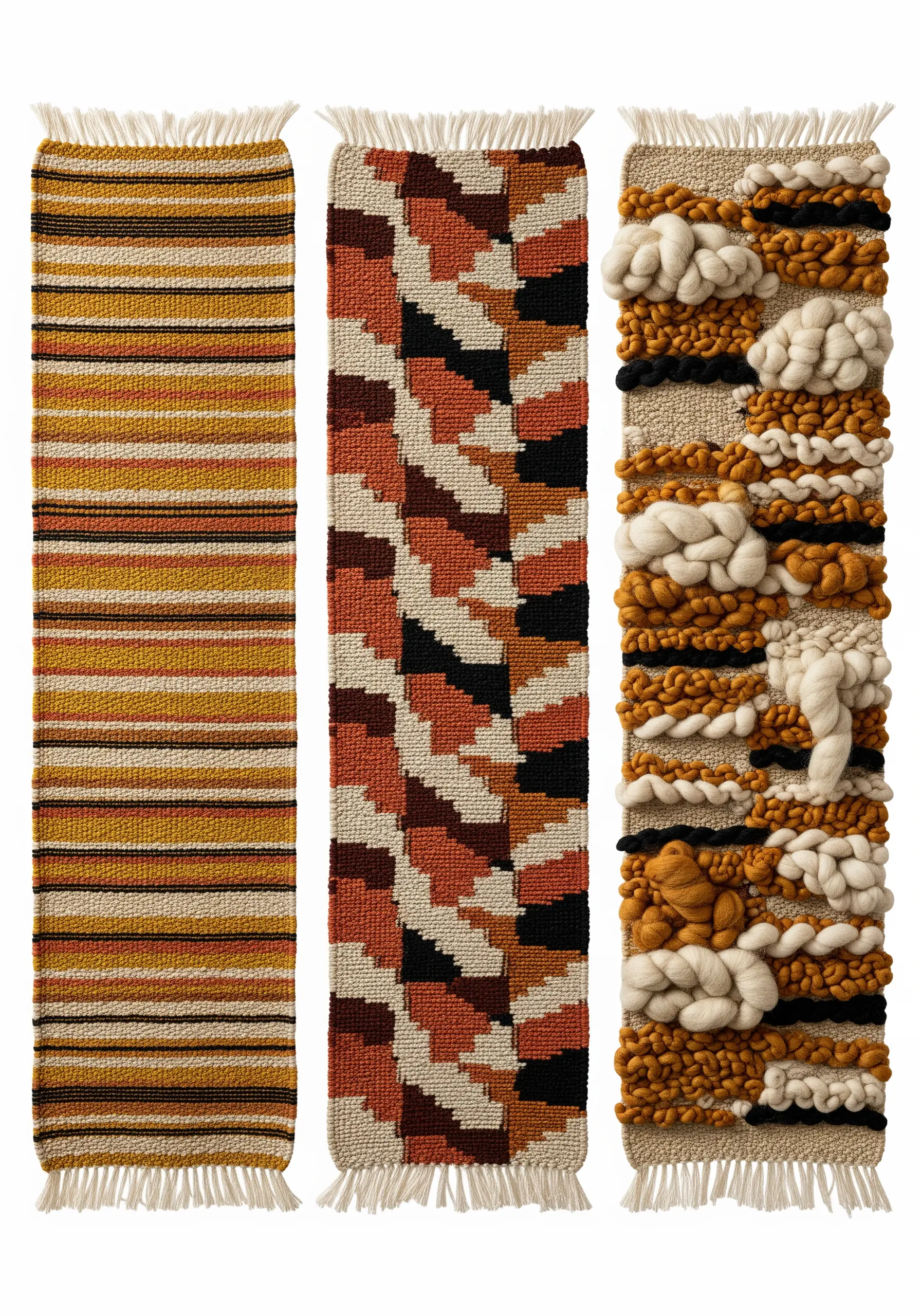 Three woven panels showing a progression from flat stripes to complex, textured weaving.