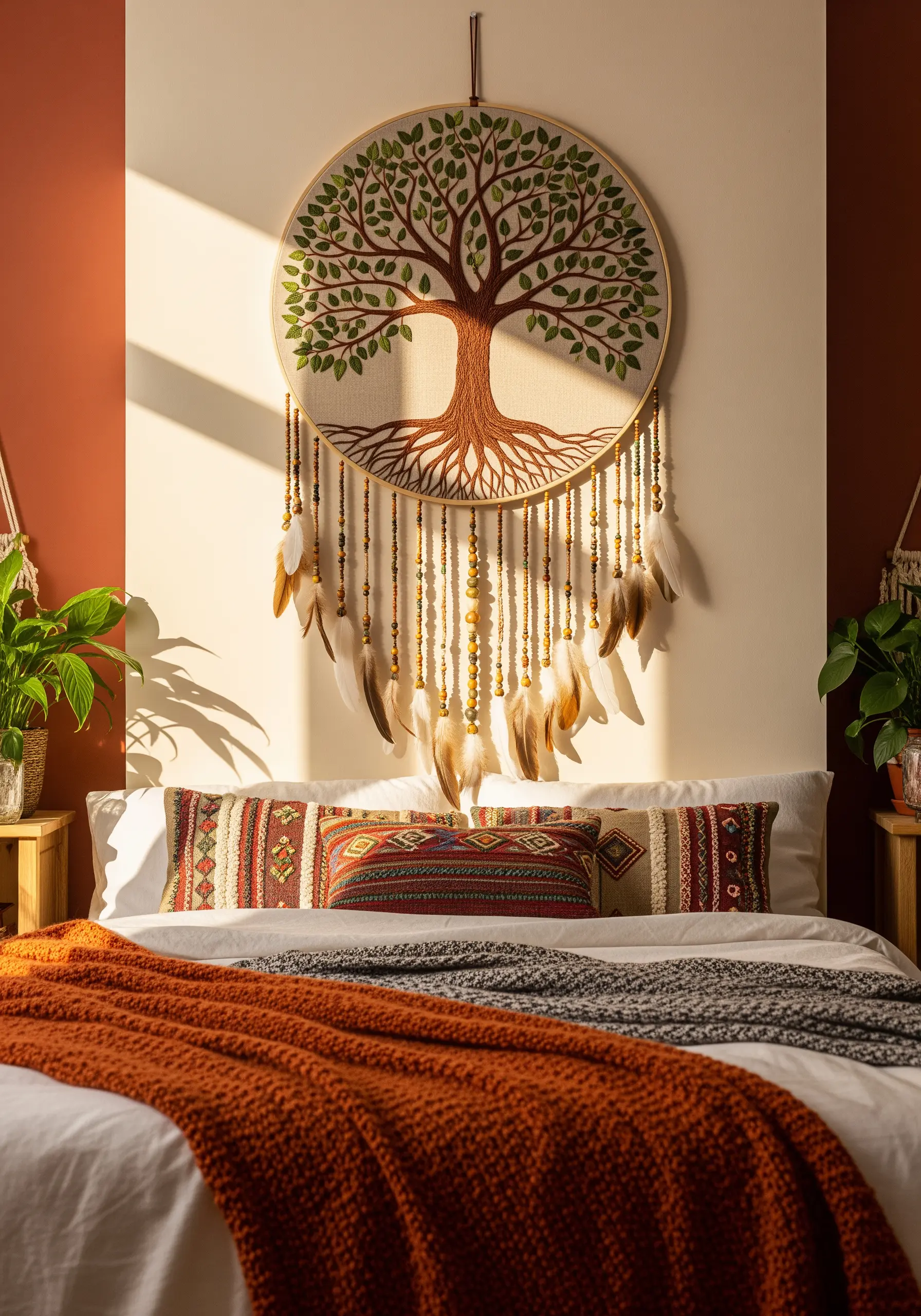 Large embroidered Tree of Life in a hoop with hanging beads and feathers.